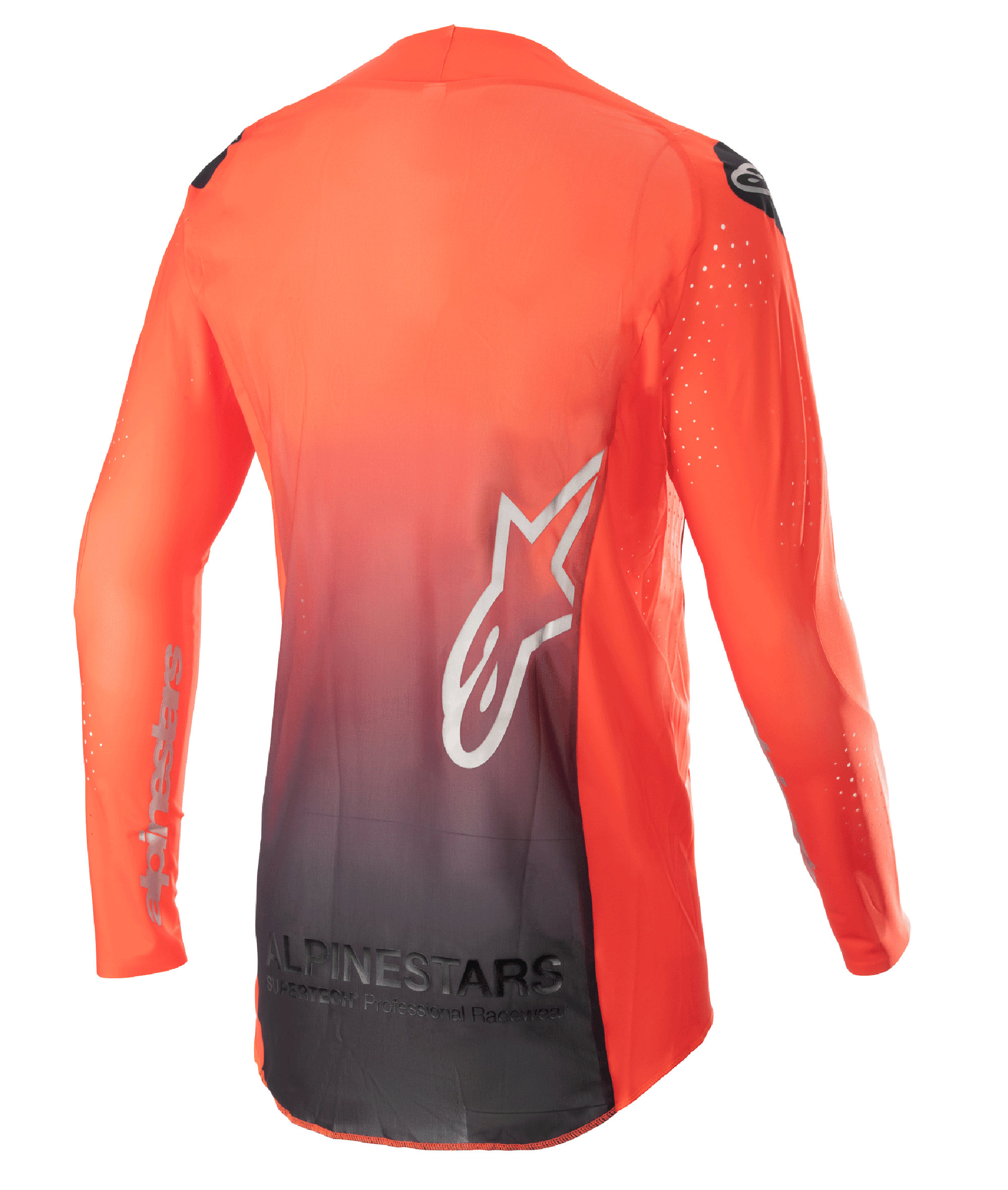 Alpinestars 2023 Supertech Risen Jersey, koszulka motocrossowa, jaskrawy pomarańczowy i czarny, widok z tyłu przedstawiający gradient od pomarańczowego do czarnego, duże białe logo z gwiazdą na plecach, oddychający materiał siateczkowy zapewniający wydajność w terenie