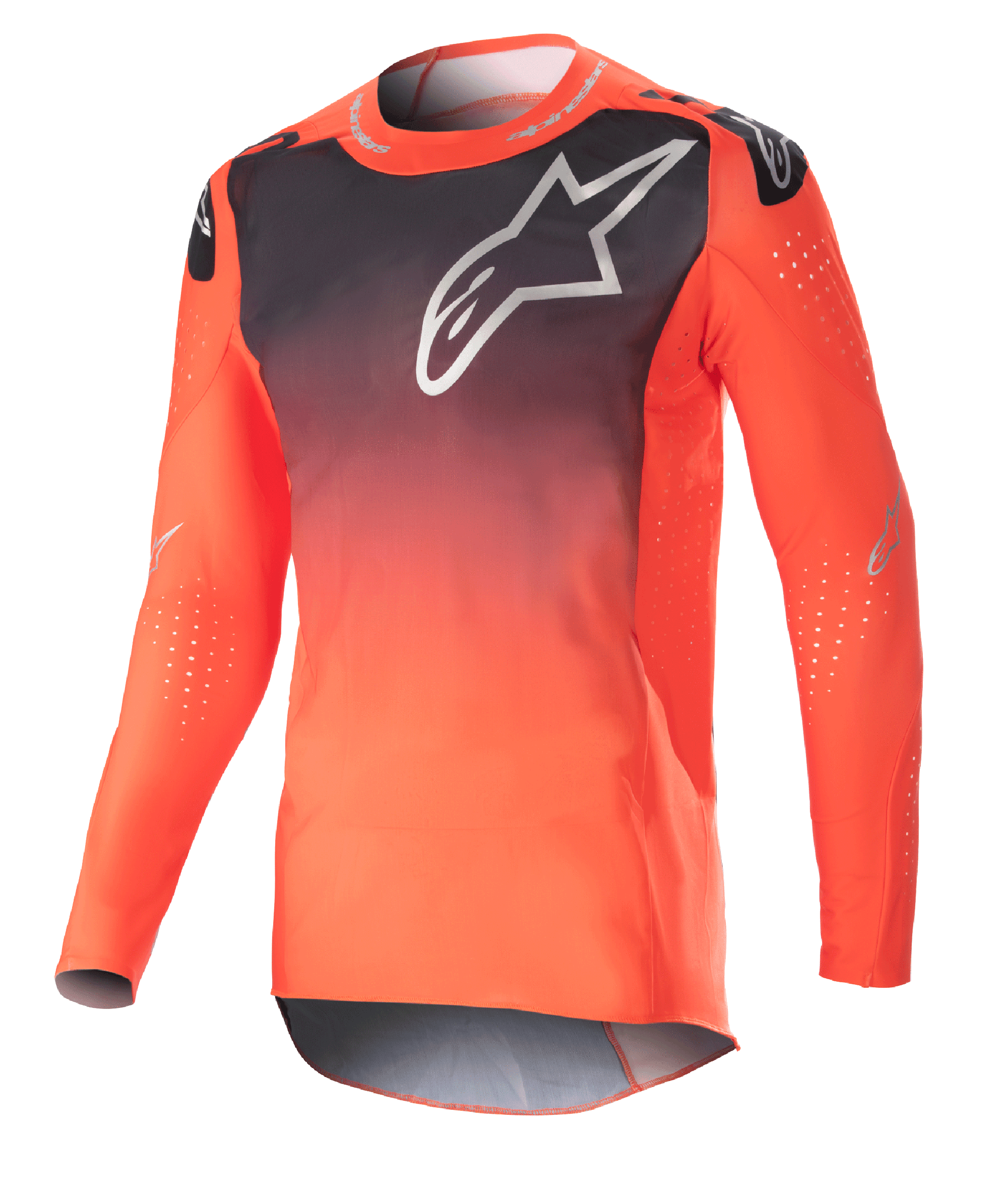Alpinestars 2023 Supertech Risen Jersey, koszulka motocrossowa, pomarańczowo-czarny gradient, duże białe logo na klatce piersiowej, laserowo wycinane perforacje zapewniające przepływ powietrza, lekki elastyczny materiał z siateczki, wyczynowy krój race fit
