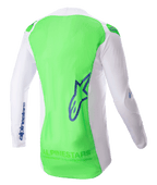 Alpinestars 2023 Supertech Risen Jersey, koszulka motocrossowa, biała i neonowa zielona z akcentami Blue Ray, widok z tyłu podkreślający oddychającą elastyczną siatkę i wydłużony panel tylny, lekka odzież wyczynowa do wyścigów terenowych