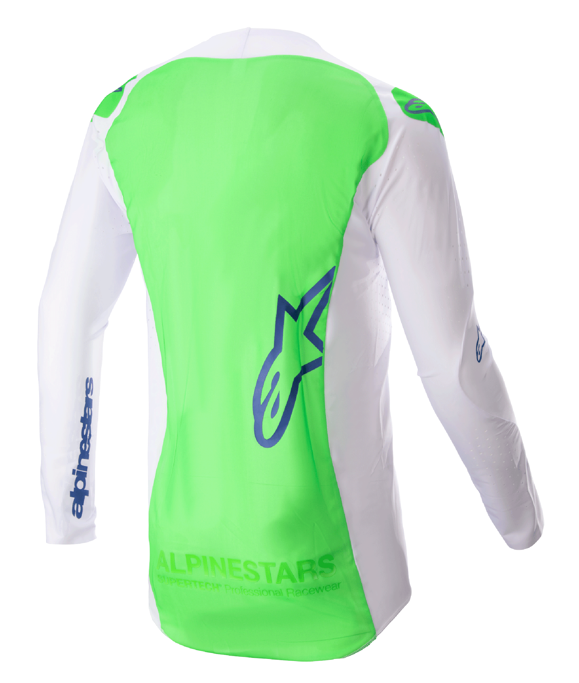 Alpinestars 2023 Supertech Risen Jersey, koszulka motocrossowa, biała i neonowa zielona z akcentami Blue Ray, widok z tyłu podkreślający oddychającą elastyczną siatkę i wydłużony panel tylny, lekka odzież wyczynowa do wyścigów terenowych