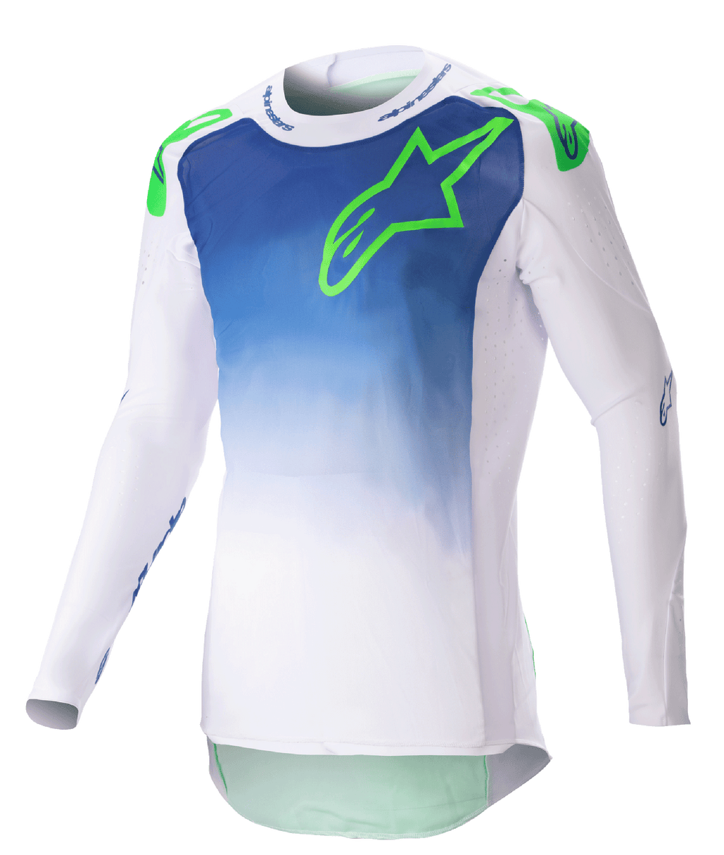 Alpinestars Supertech Risen Jersey 2023, koszulka motocrossowa, niebiesko-biała z jaskrawozielonym logo, gradientowy wzór na tułowiu, perforowane długie rękawy, sportowy krój wyścigowy, odzież off-road