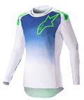 Alpinestars Supertech Risen Jersey 2023, koszulka motocrossowa, niebiesko-biała z jaskrawozielonym logo, gradientowy wzór na tułowiu, perforowane długie rękawy, sportowy krój wyścigowy, odzież off-road
