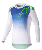 Alpinestars Supertech Risen Jersey 2023, koszulka motocrossowa, niebiesko-biała z jaskrawozielonym logo, gradientowy wzór na tułowiu, perforowane długie rękawy, sportowy krój wyścigowy, odzież off-road