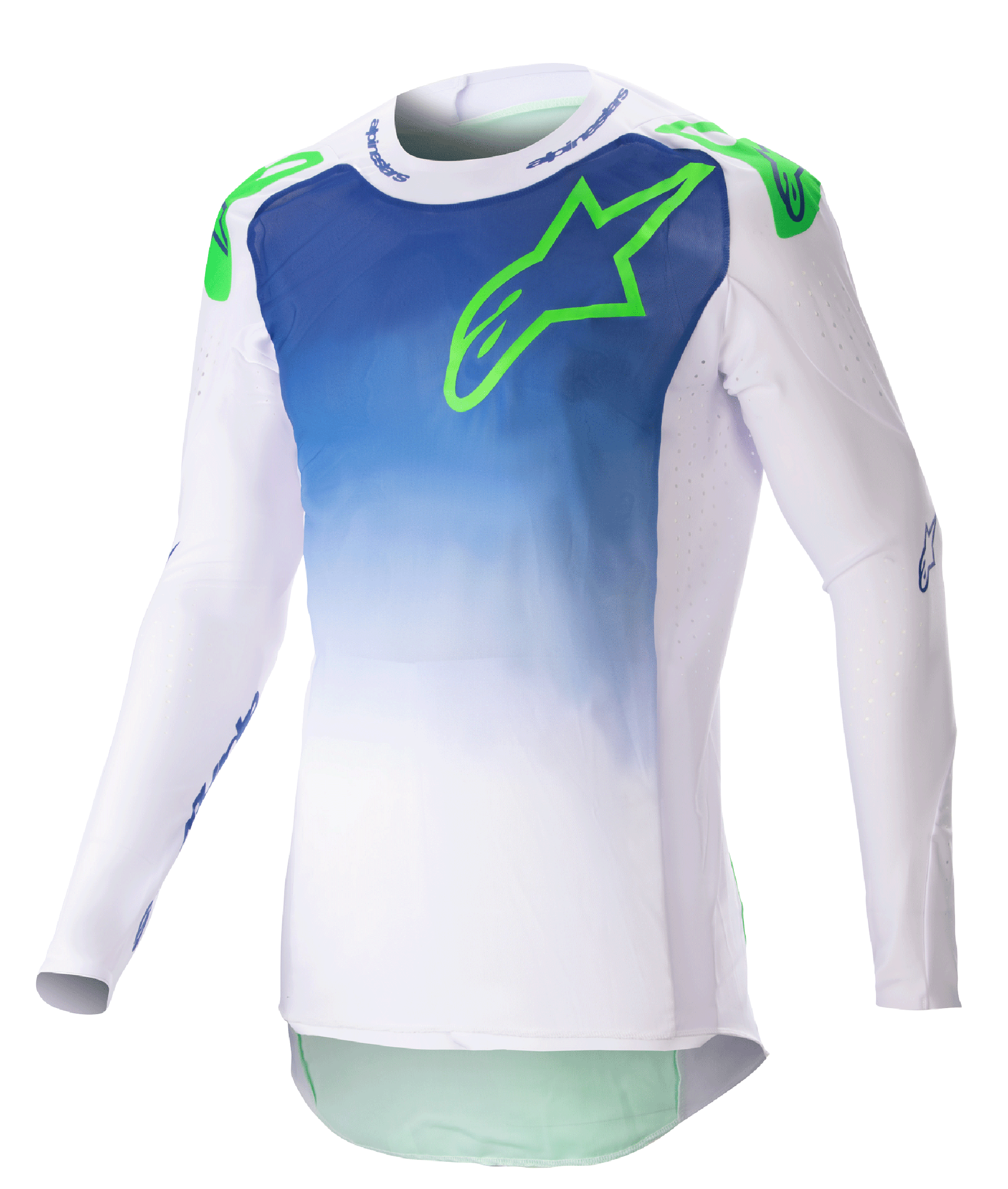 Alpinestars Supertech Risen Jersey 2023, koszulka motocrossowa, niebiesko-biała z jaskrawozielonym logo, gradientowy wzór na tułowiu, perforowane długie rękawy, sportowy krój wyścigowy, odzież off-road
