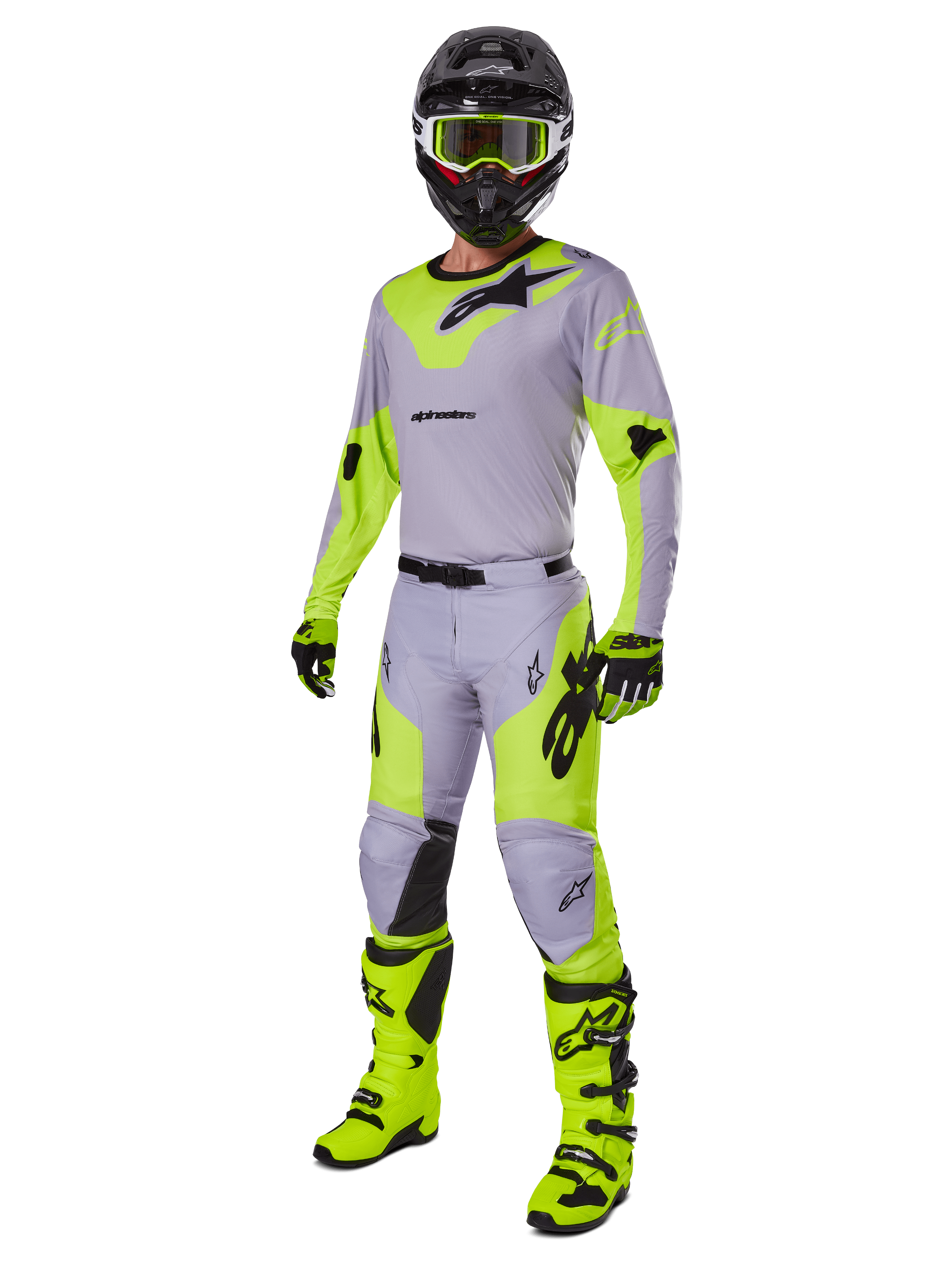 Zestaw Alpinestars Racer Veil Gear Set 2025, kompletny strój motocrossowy, szary i neonowożółty fluo, zawiera koszulkę, spodnie, kask, gogle, rękawice i buty z czarnymi akcentami, profesjonalny sprzęt wyścigowy off-road