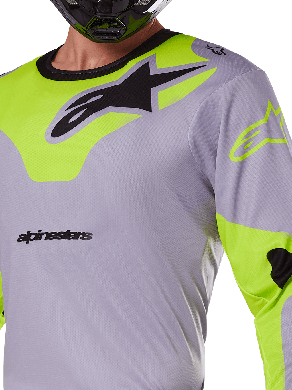 Alpinestars 2025 Racer Veil Jersey, koszulka motocrossowa, szara i neonowa żółta, z dużym czarnym logo Astars na piersi, neonowożółte panele na ramionach i rękawach, techniczna tkanina siatkowa do wyścigów off-road