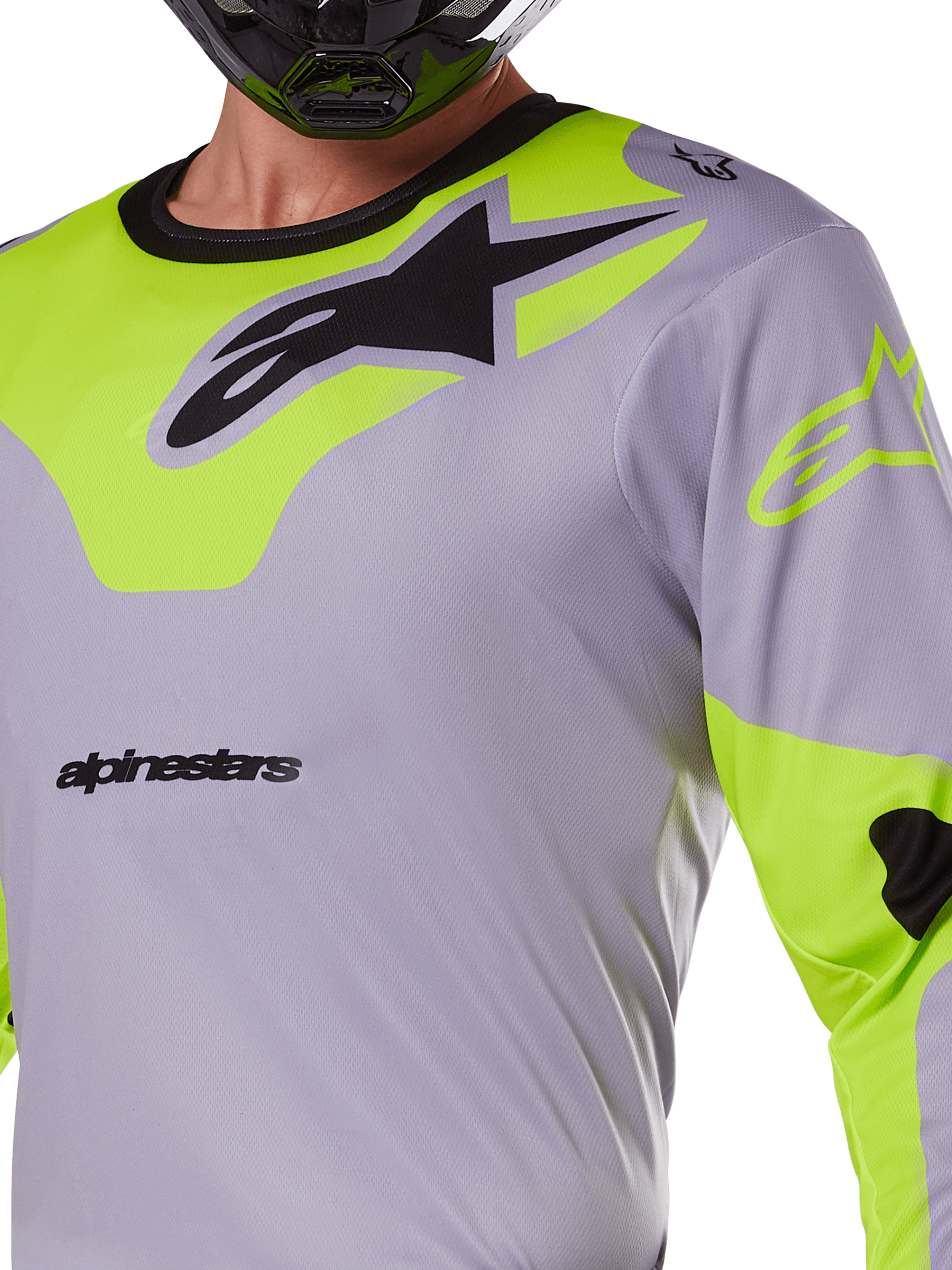 Alpinestars 2025 Racer Veil Jersey, koszulka motocrossowa, szara i neonowa żółta, z dużym czarnym logo Astars na piersi, neonowożółte panele na ramionach i rękawach, techniczna tkanina siatkowa do wyścigów off-road