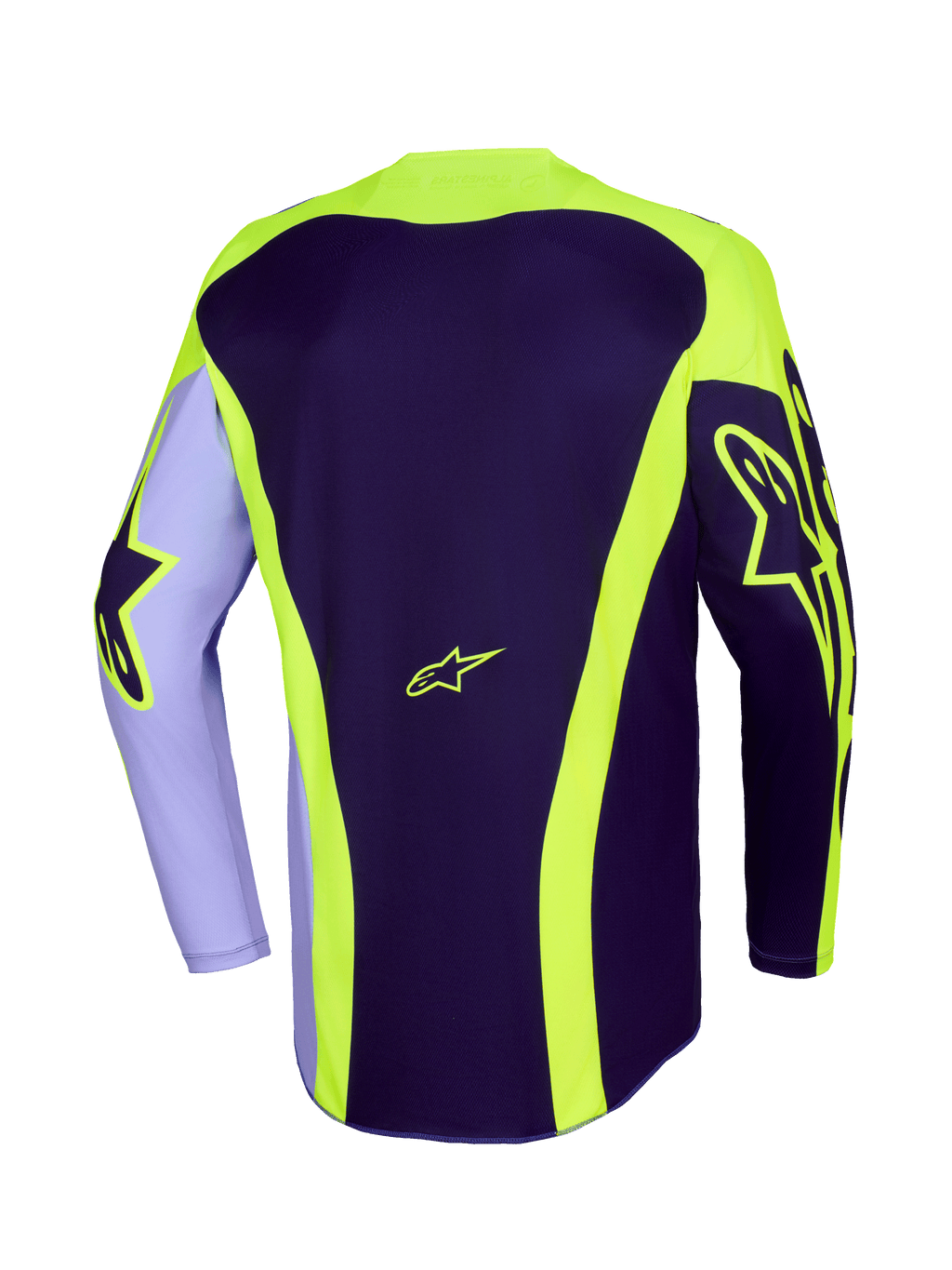 Alpinestars 2026 Racer Portl Jersey, koszulka motocrossowa, fioletowy i żółty fluo, widok z tyłu z neonowo-żółtymi logotypami Astar na rękawach i plecach, zakrzywione pasy oraz dłuższy tył do jazdy terenowej