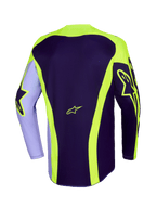 Alpinestars 2026 Racer Portl Jersey, koszulka motocrossowa, fioletowy i żółty fluo, widok z tyłu z neonowo-żółtymi logotypami Astar na rękawach i plecach, zakrzywione pasy oraz dłuższy tył do jazdy terenowej