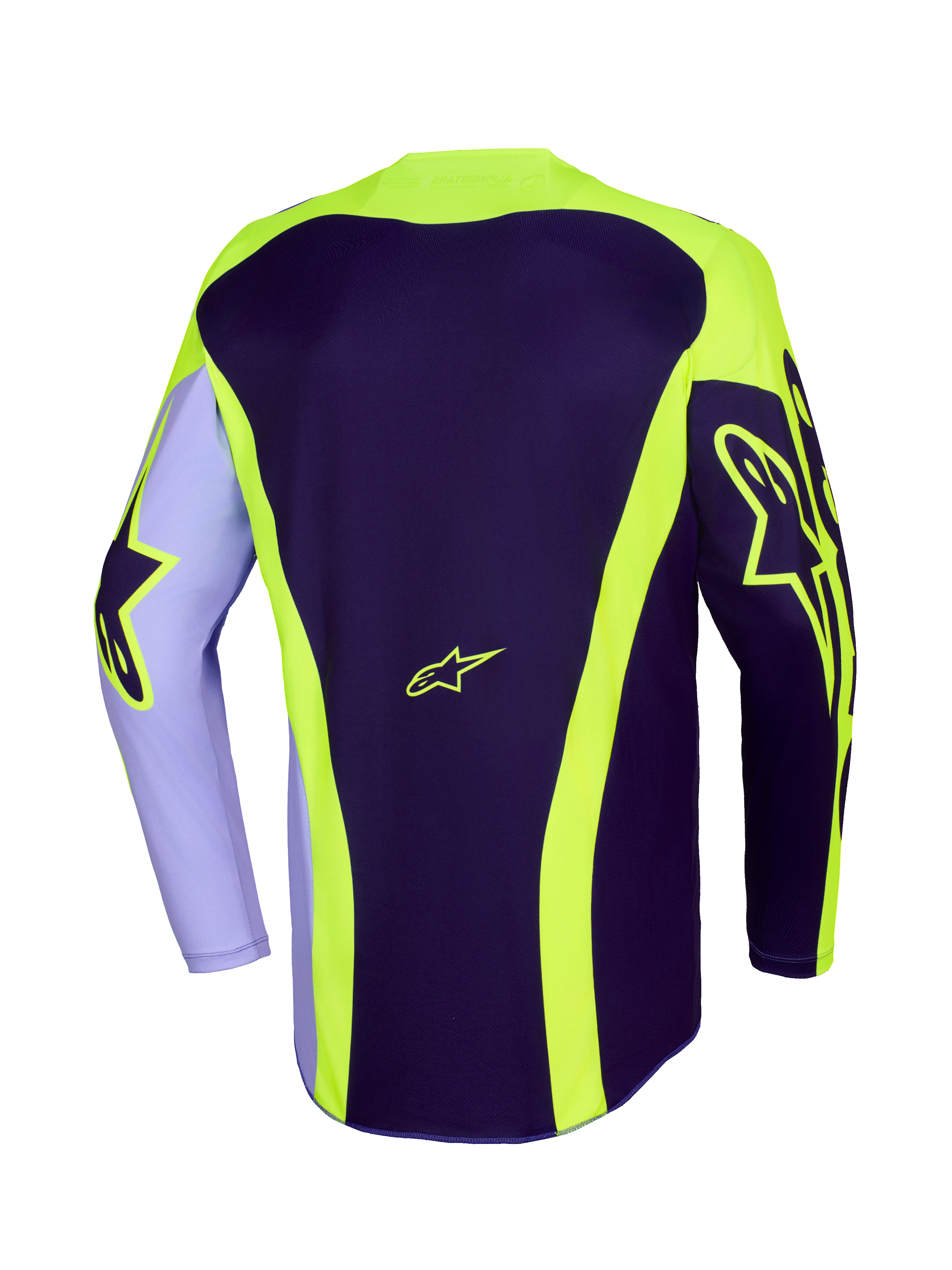 Alpinestars 2026 Racer Portl Jersey, koszulka motocrossowa, fioletowy i żółty fluo, widok z tyłu z neonowo-żółtymi logotypami Astar na rękawach i plecach, zakrzywione pasy oraz dłuższy tył do jazdy terenowej