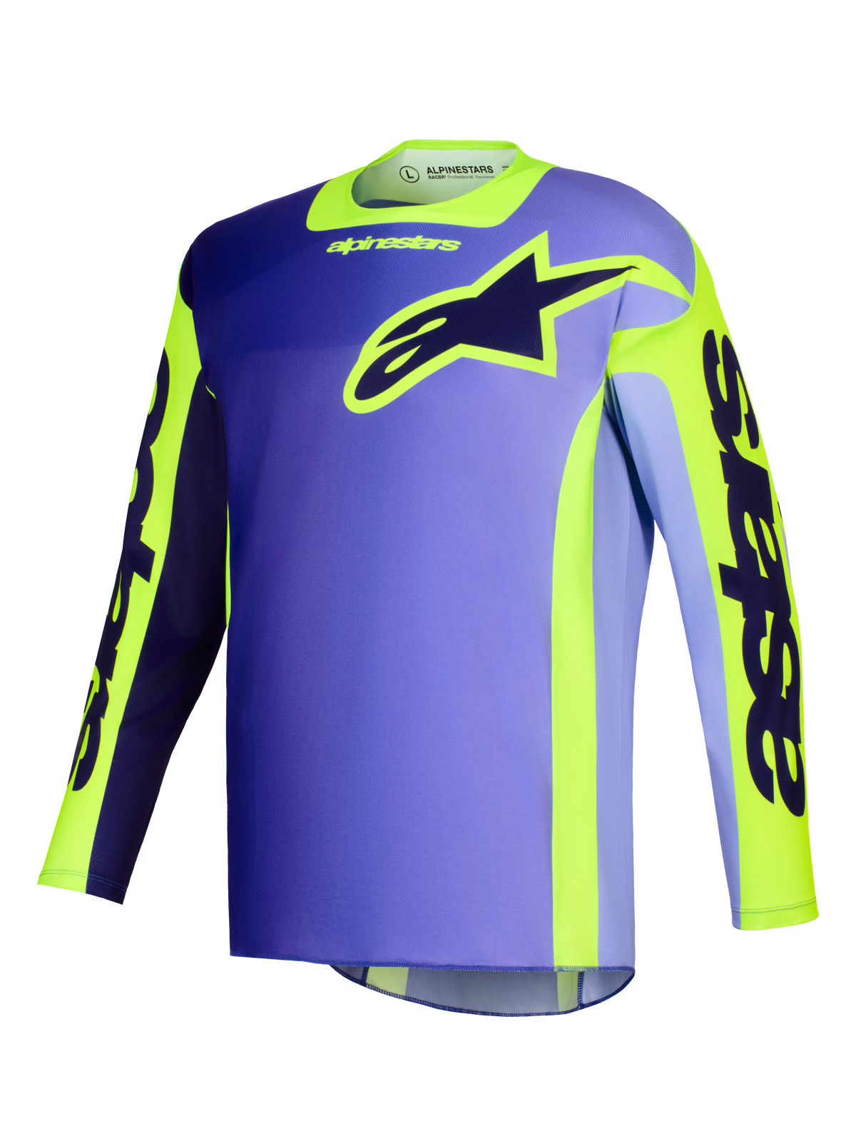 Alpinestars 2026 Racer Portl Jersey, koszulka motocrossowa, fioletowo-żółta fluo, korpus z fioletowym gradientem i jaskrawymi żółtymi akcentami, duże logo gwiazdy Alpinestars na piersi, branding „astars” na rękawach