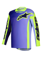 Alpinestars 2026 Racer Portl Jersey, koszulka motocrossowa, fioletowo-żółta fluo, korpus z fioletowym gradientem i jaskrawymi żółtymi akcentami, duże logo gwiazdy Alpinestars na piersi, branding „astars” na rękawach