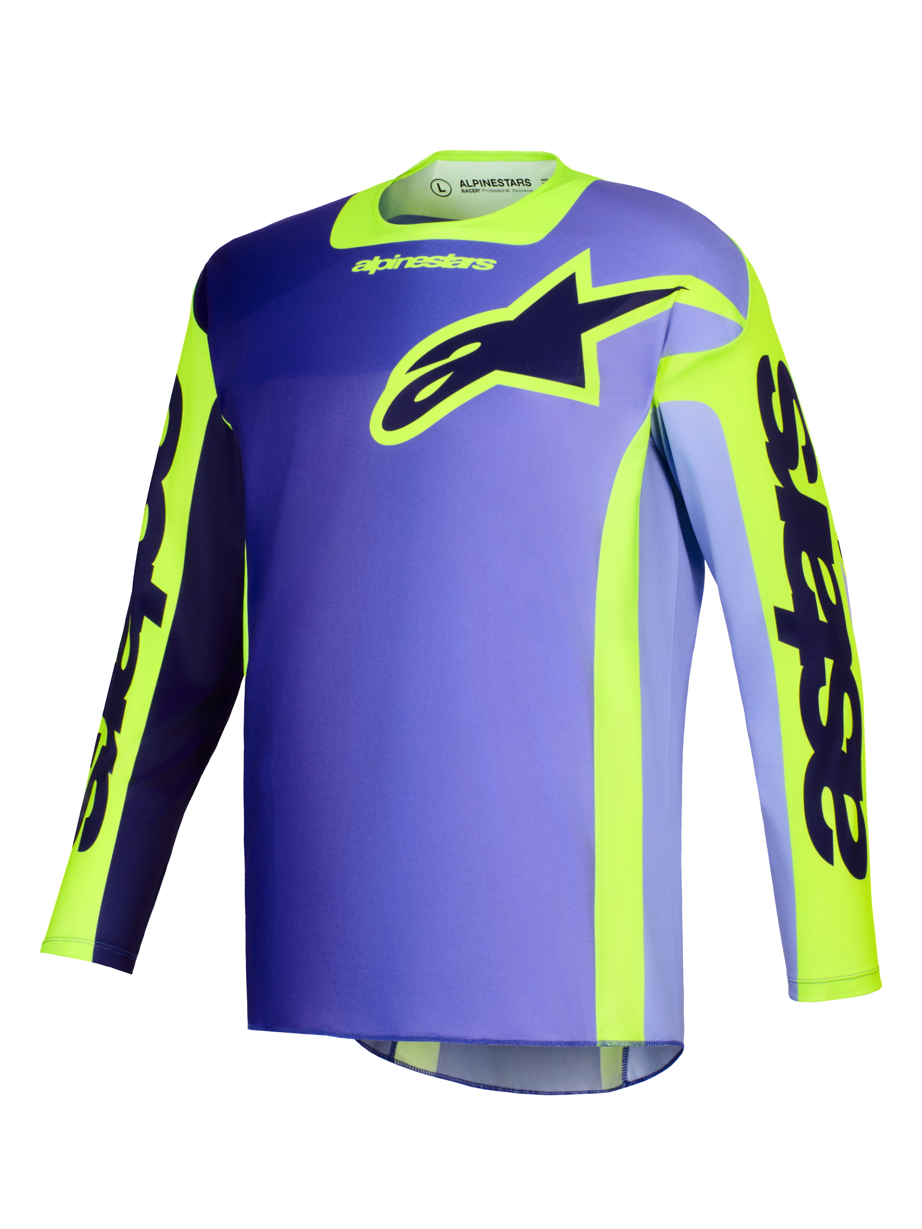Alpinestars 2026 Racer Portl Jersey, koszulka motocrossowa, fioletowo-żółta fluo, korpus z fioletowym gradientem i jaskrawymi żółtymi akcentami, duże logo gwiazdy Alpinestars na piersi, branding „astars” na rękawach