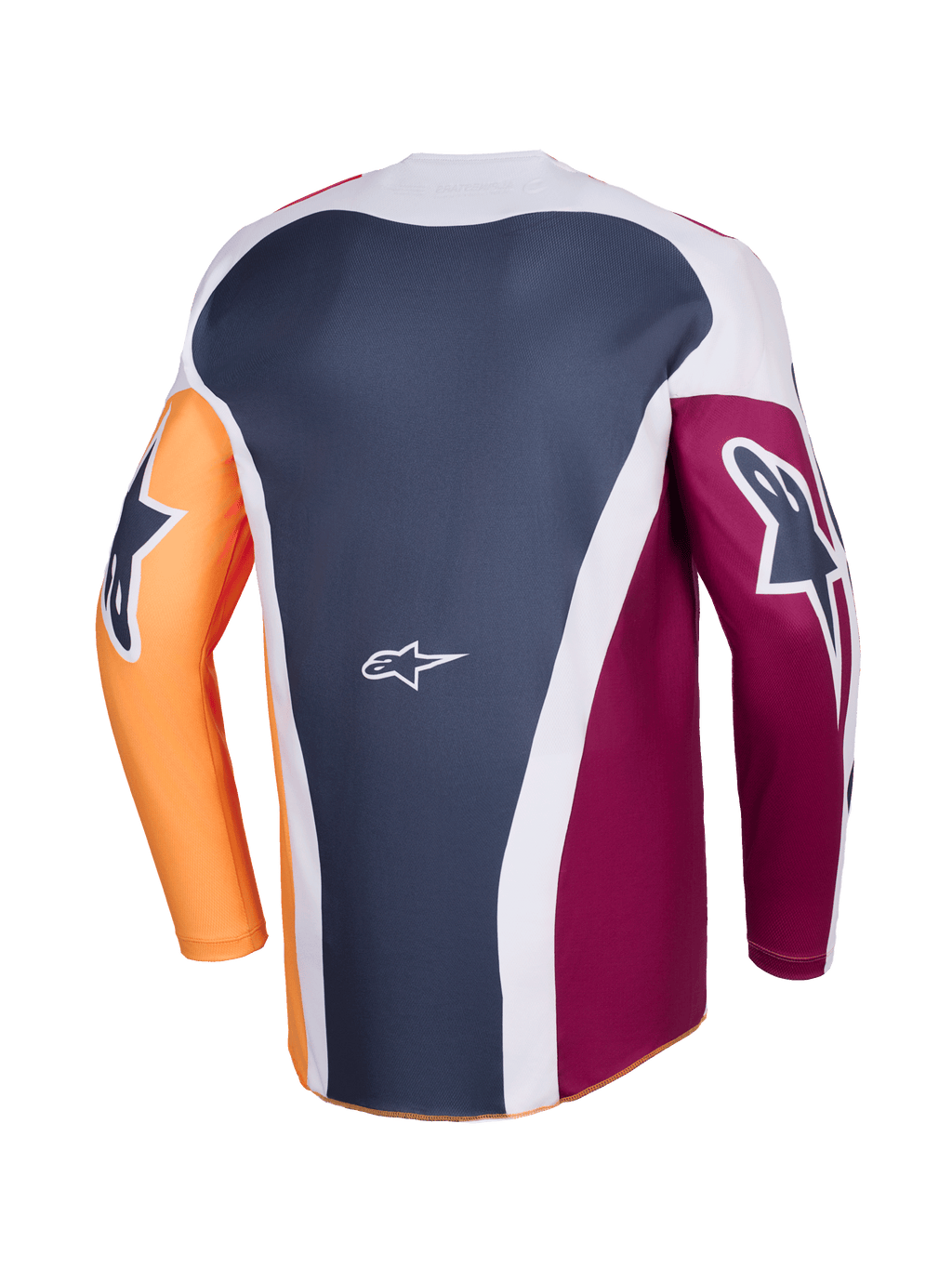 Alpinestars 2026 Racer Portl Jersey, koszulka motocrossowa, czerwona, pomarańczowa i ciemnoszara, widok z tyłu ukazujący wielopanelową konstrukcję, białe logo Alpinestars na dole pleców, wyraziste logotypy na długich rękawach, profesjonalna odzież do wyścigów terenowych