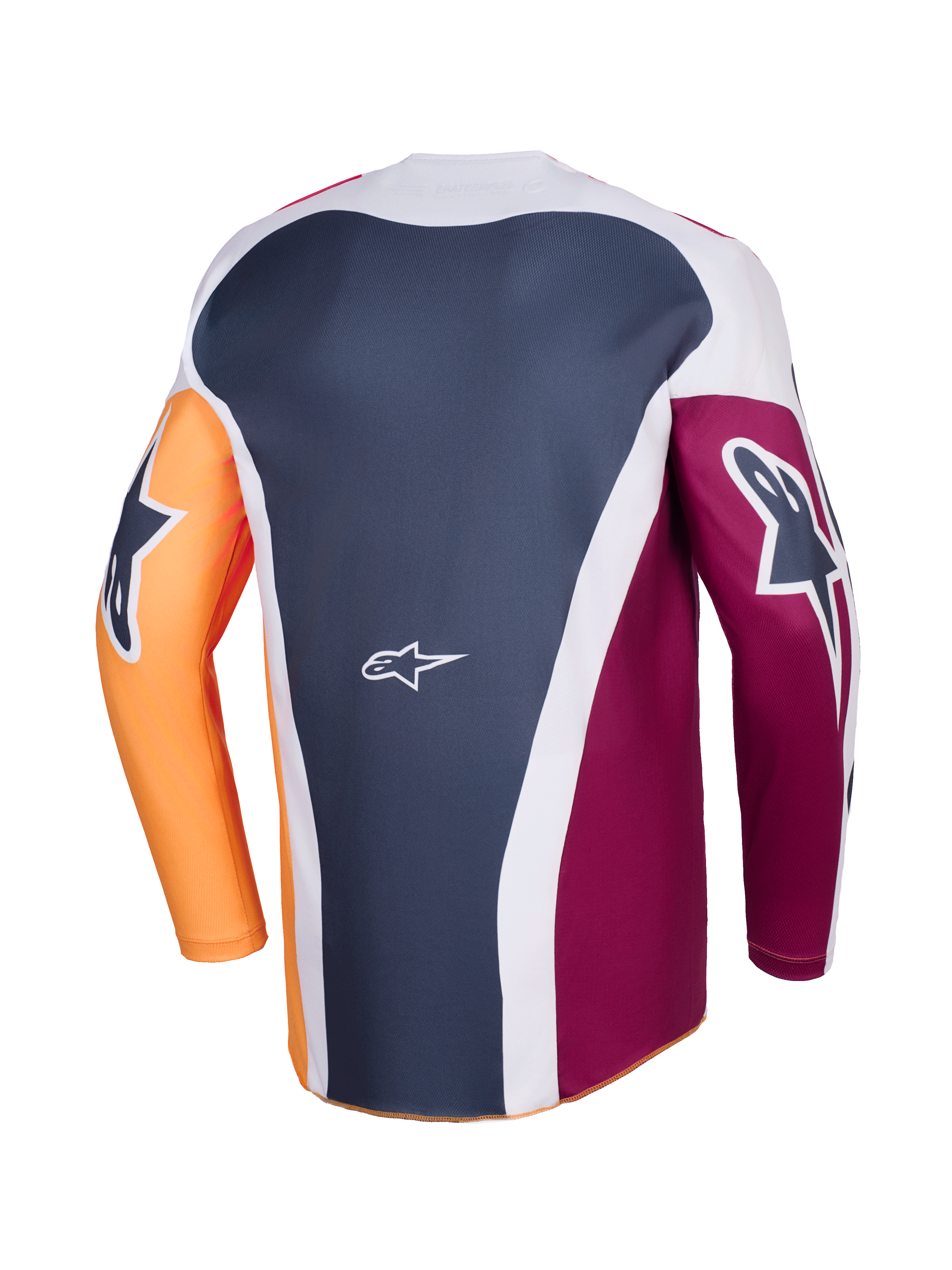 Alpinestars 2026 Racer Portl Jersey, koszulka motocrossowa, czerwona, pomarańczowa i ciemnoszara, widok z tyłu ukazujący wielopanelową konstrukcję, białe logo Alpinestars na dole pleców, wyraziste logotypy na długich rękawach, profesjonalna odzież do wyścigów terenowych