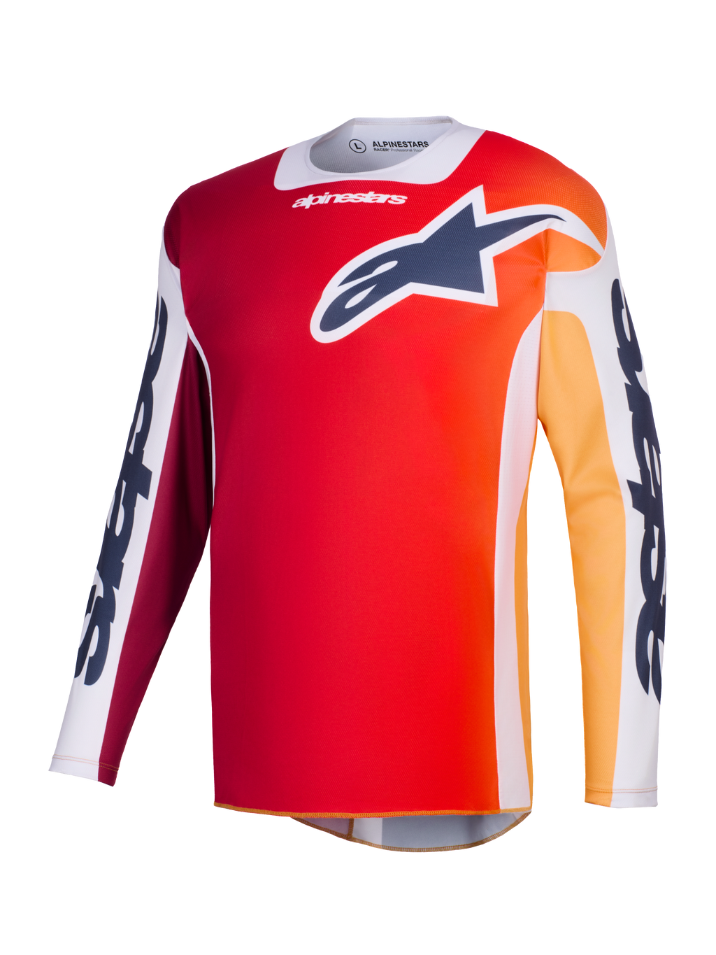 Alpinestars 2026 Racer Portl Jersey, koszulka motocrossowa, czerwona z pomarańczowym i żółtym gradientem, granatowe logo Astar na piersi, białe panele na rękawach z wyraźnym brandingiem Alpinestars, techniczna odzież wyczynowa do wyścigów off-road