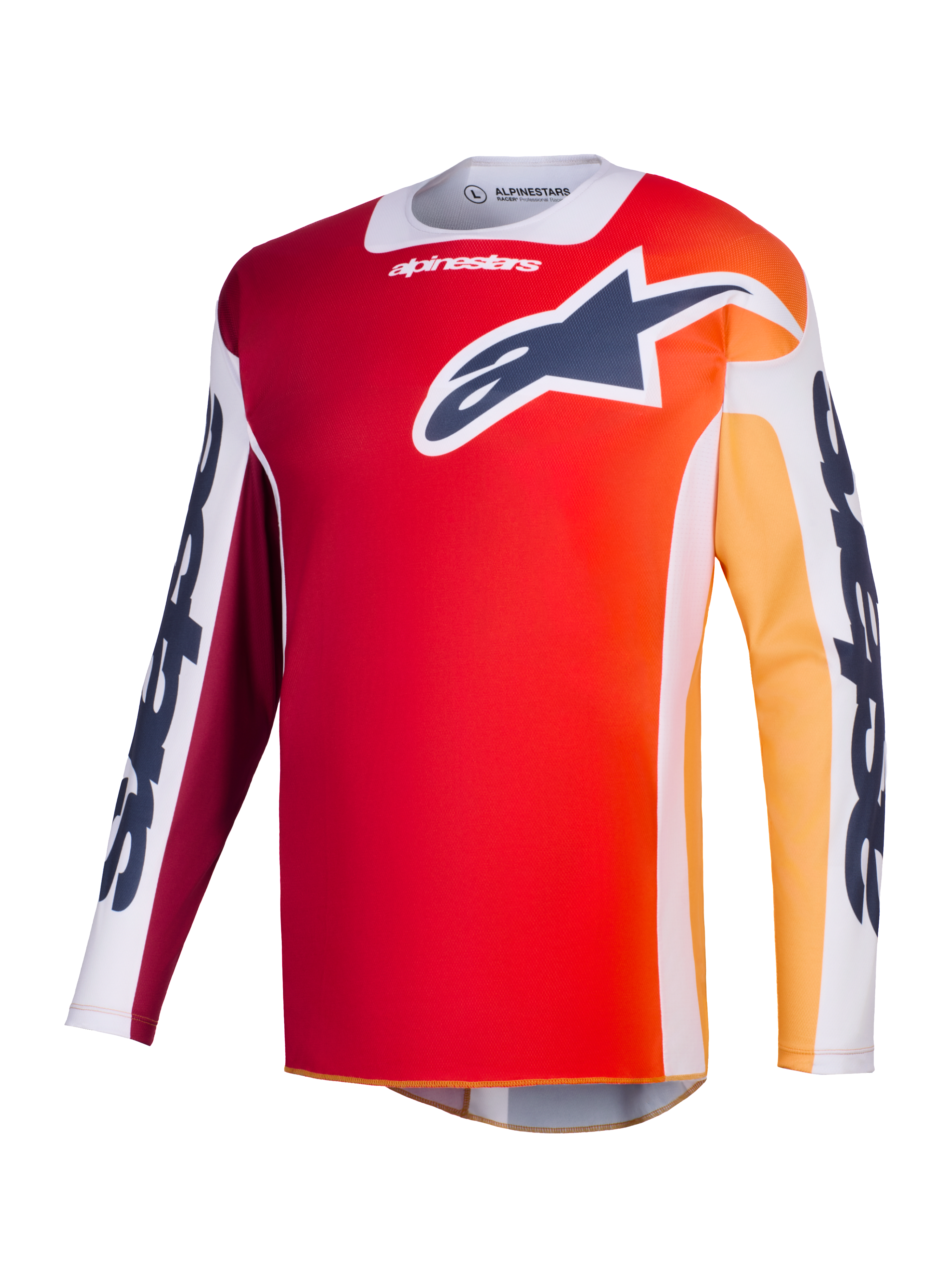 Alpinestars 2026 Racer Portl Jersey, koszulka motocrossowa, czerwona z pomarańczowym i żółtym gradientem, granatowe logo Astar na piersi, białe panele na rękawach z wyraźnym brandingiem Alpinestars, techniczna odzież wyczynowa do wyścigów off-road