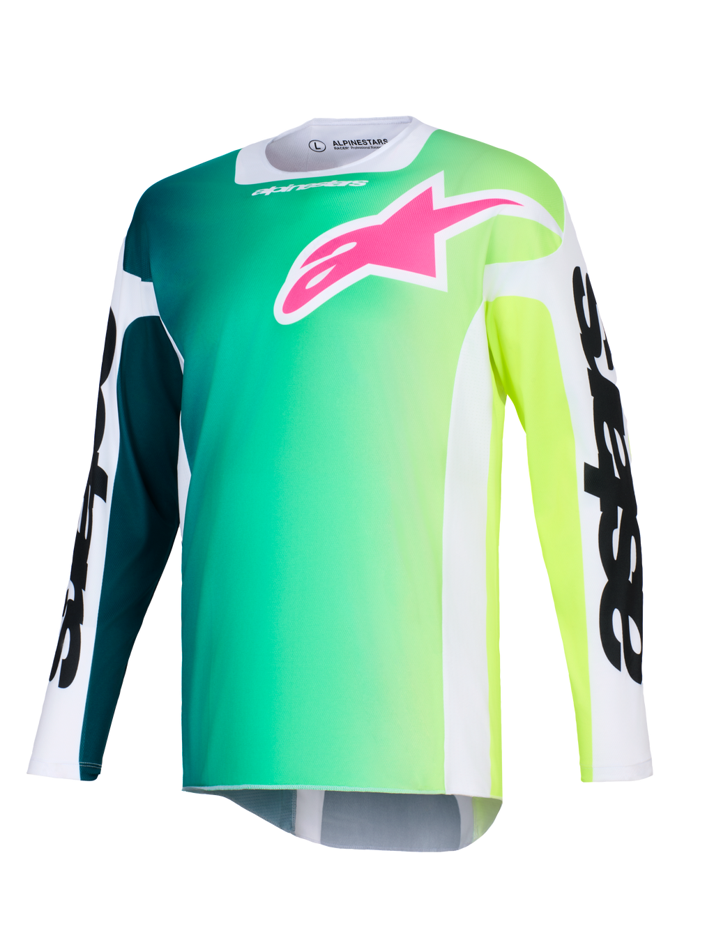 Alpinestars 2026 Racer Portl Jersey, koszulka motocrossowa, zielono-żółty gradient, jaskraworóżowe logo na piersi, białe rękawy z wyraźnym czarnym napisem Alpinestars, lekki materiał techniczny do jazdy terenowej