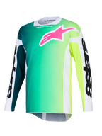 Alpinestars 2026 Racer Portl Jersey, koszulka motocrossowa, zielono-żółty gradient, jaskraworóżowe logo na piersi, białe rękawy z wyraźnym czarnym napisem Alpinestars, lekki materiał techniczny do jazdy terenowej