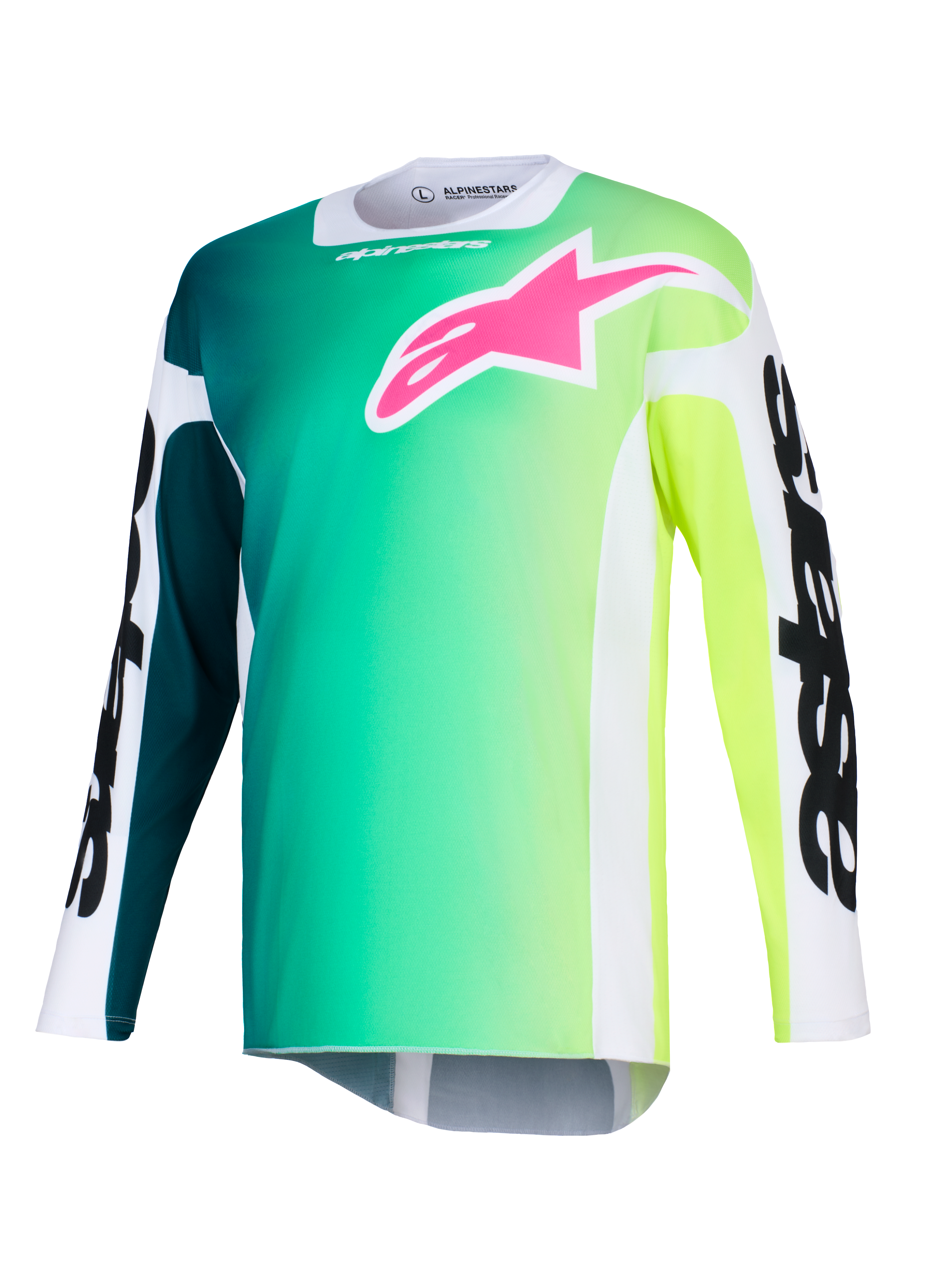 Alpinestars 2026 Racer Portl Jersey, koszulka motocrossowa, zielono-żółty gradient, jaskraworóżowe logo na piersi, białe rękawy z wyraźnym czarnym napisem Alpinestars, lekki materiał techniczny do jazdy terenowej