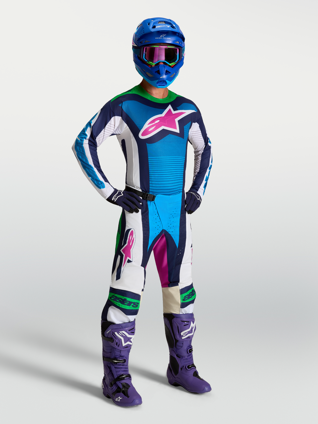 Alpinestars Techstar Maven Jersey, Blue and White motocross jersey with athletic fit and moisture-wicking stretch fabric.