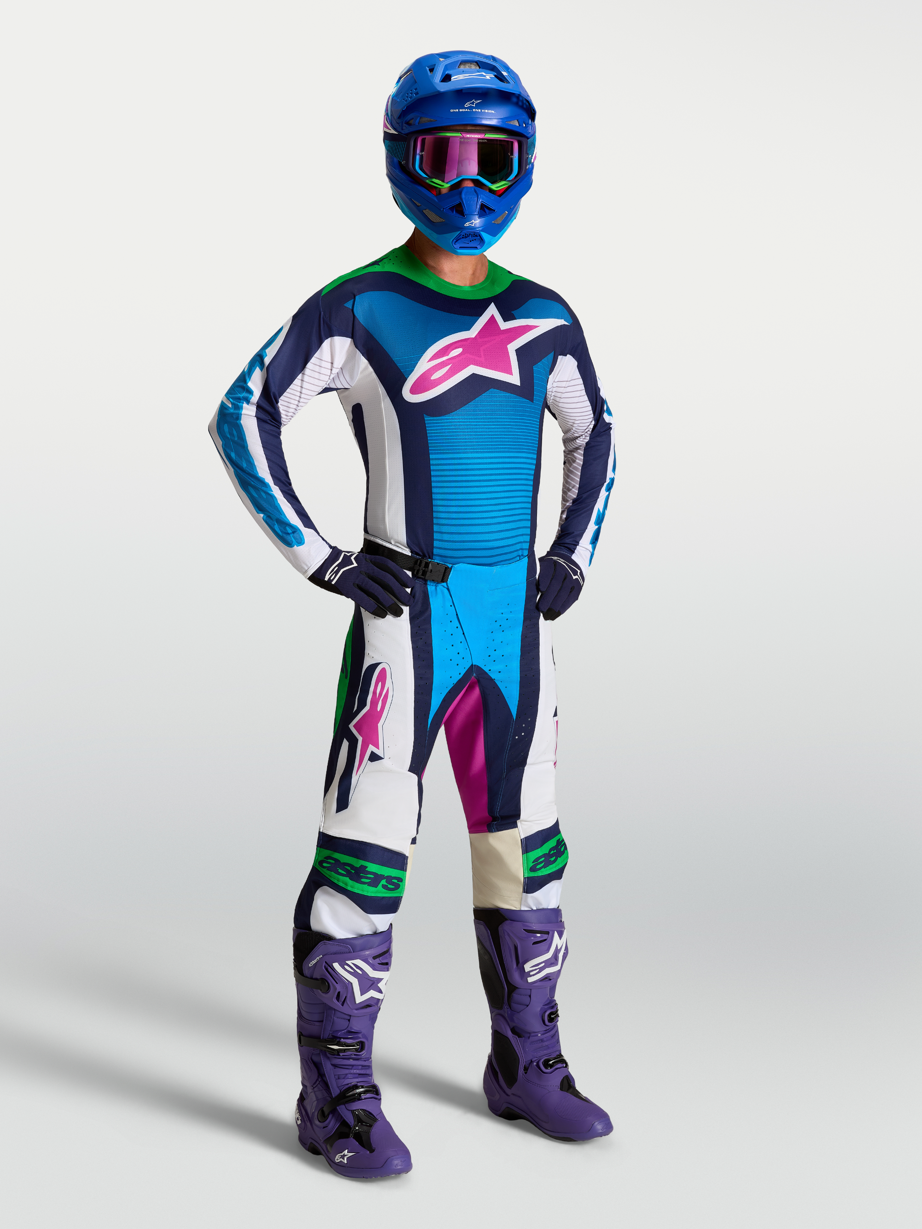 Alpinestars Techstar Maven Jersey, Blue and White motocross jersey with athletic fit and moisture-wicking stretch fabric.