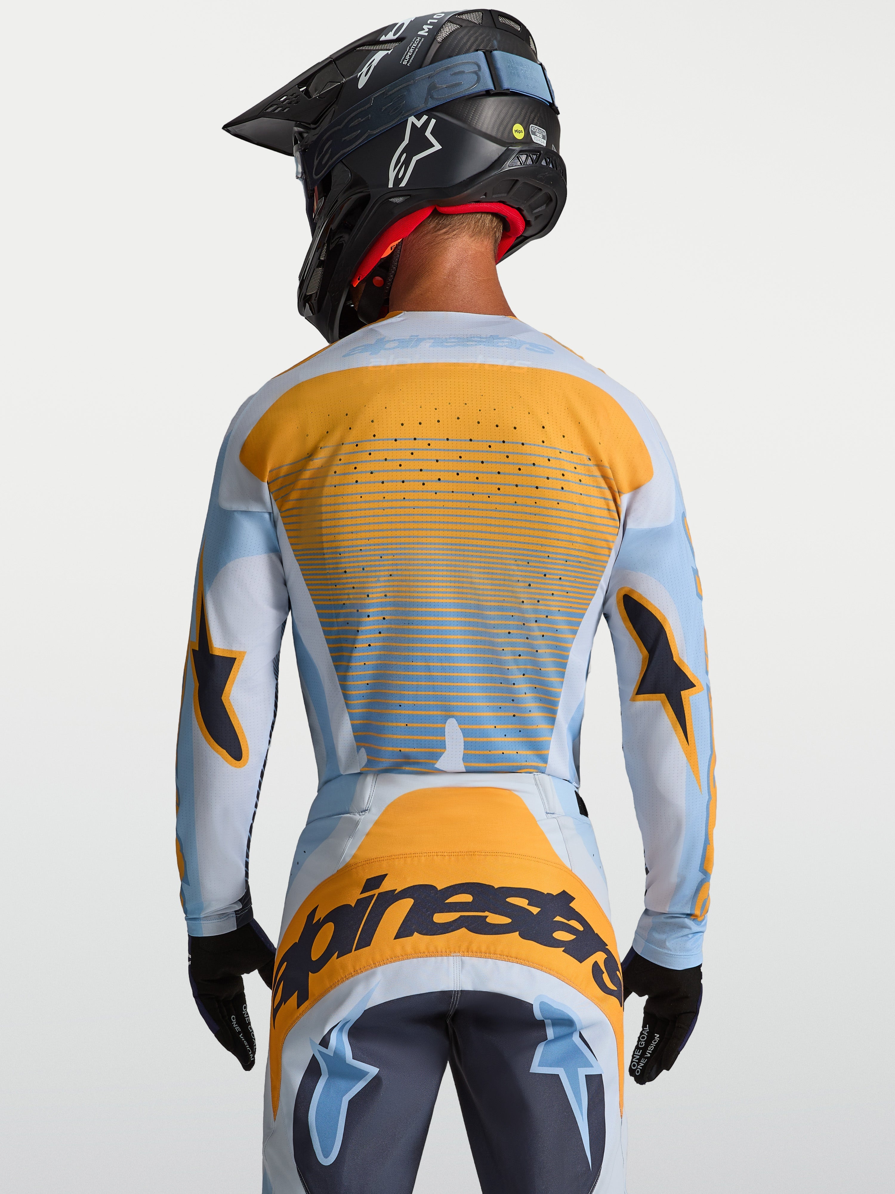 Alpinestars Techstar Maven Jersey, Men's Motocross Jersey, Dust Blue and Tangerine, back view with laser-cut ventilation.