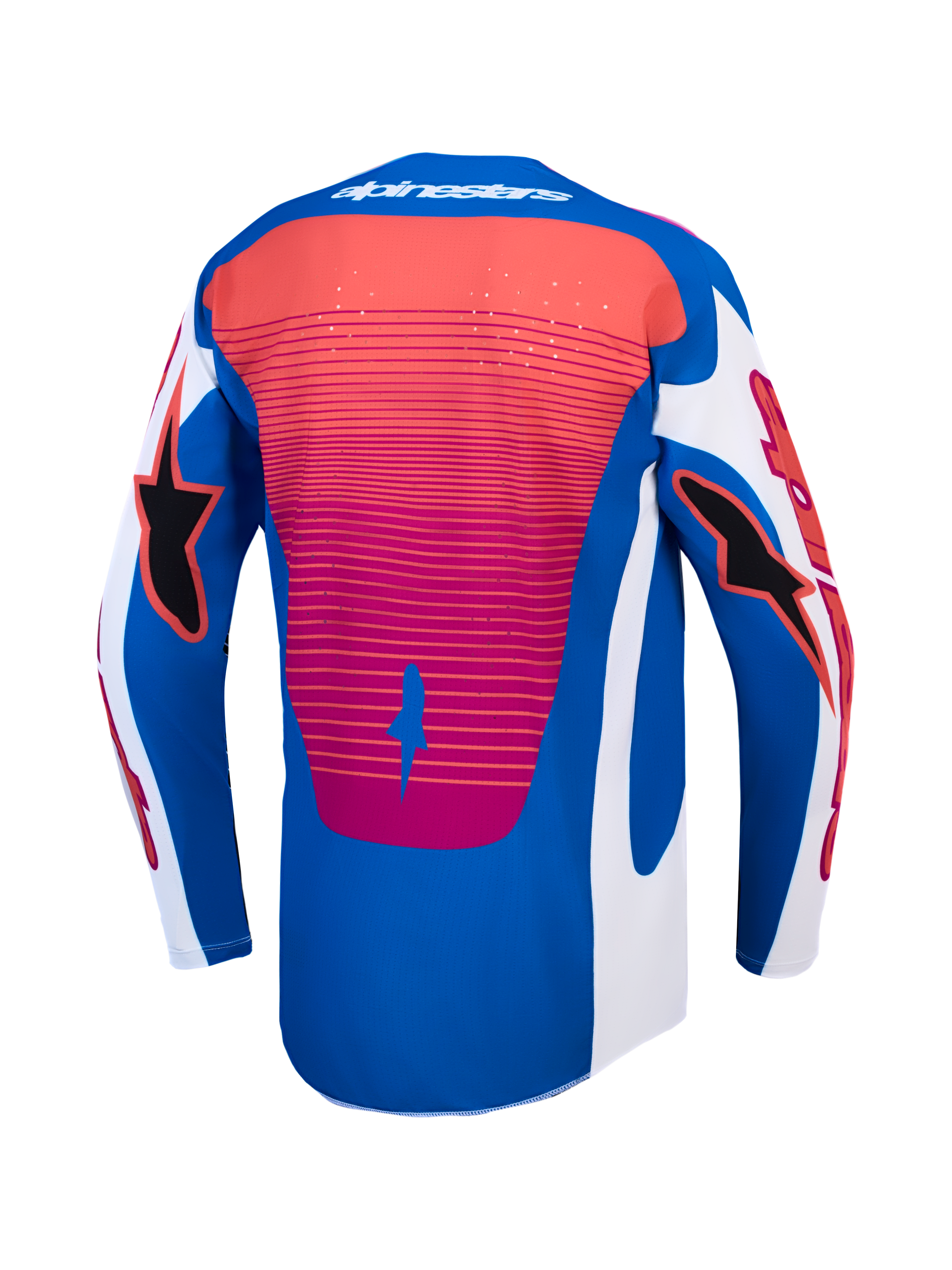 Alpinestars 2027 Techstar Maven Jersey back view, blue and red motocross racing jersey, featuring laser-cut ventilation and breathable athletic fit.