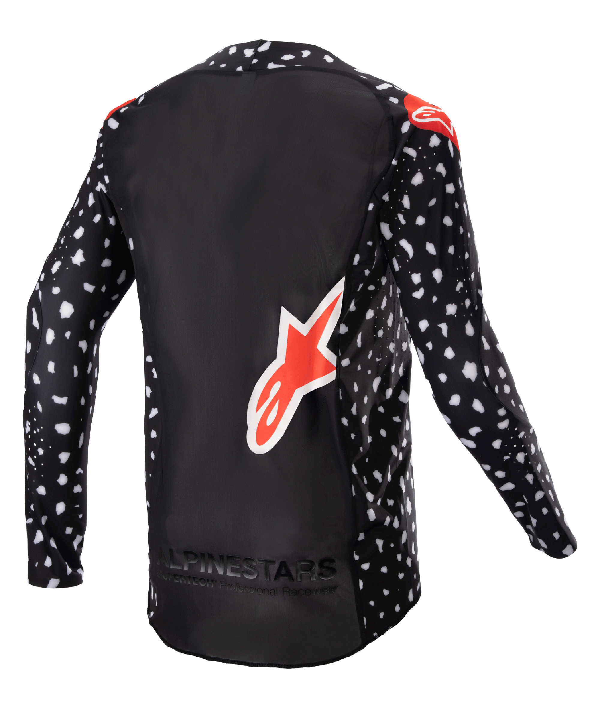 Alpinestars 2023 Supertech North Jersey, koszulka motocrossowa, czarna z białym nakrapianym wzorem i neonowo-czerwonymi akcentami, widok z tyłu z dużym czerwonym logo Alpinestars i brandingiem na dole, profesjonalna odzież do wyścigów terenowych.