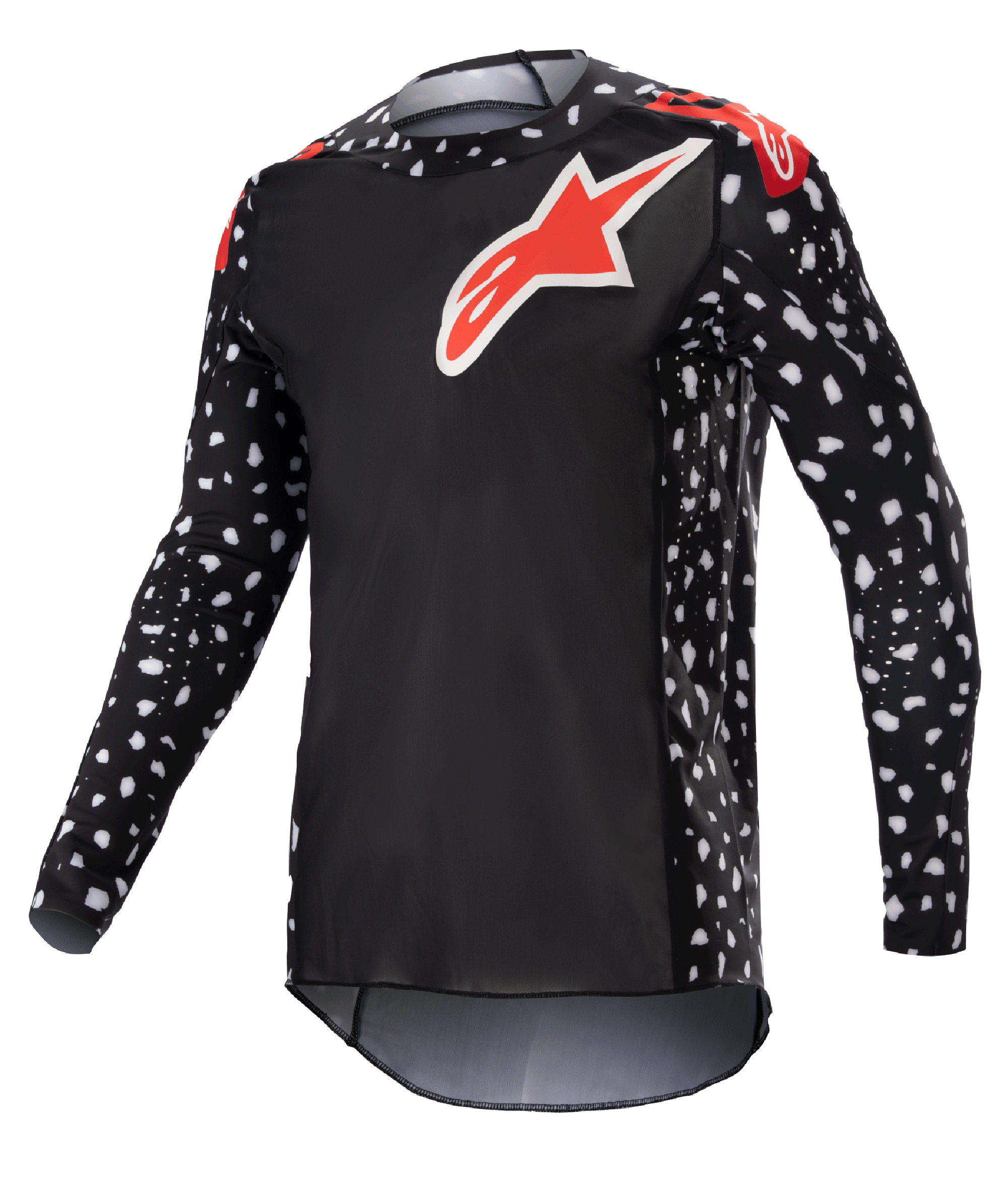 Alpinestars 2023 Supertech North Jersey, koszulka motocrossowa, czarna z neonowymi czerwonymi akcentami, długie rękawy z wzorem białych kropek, czerwono-białe logo z gwiazdą na piersi i ramionach, lekka siatka techniczna o sportowym kroju wyścigowym