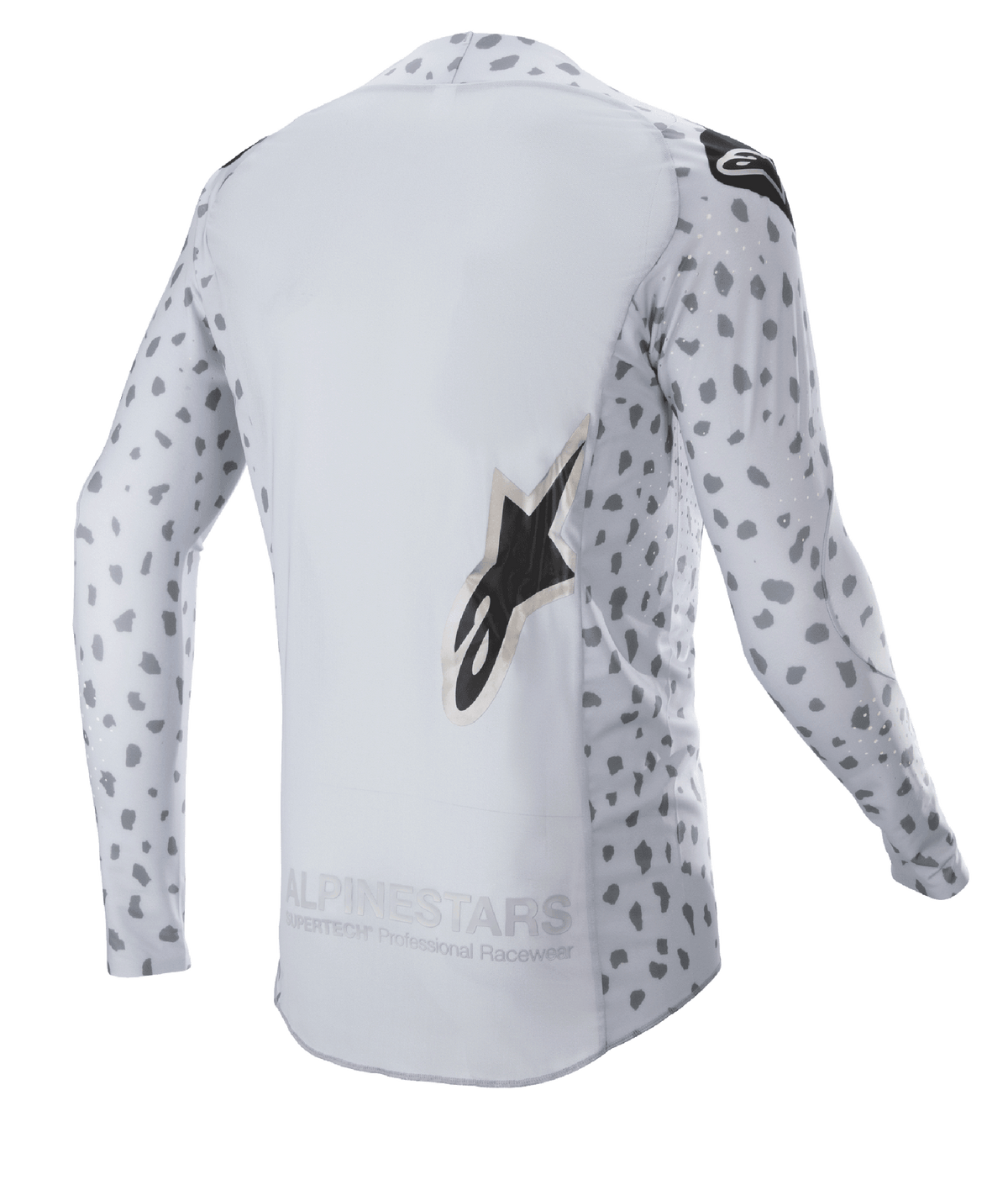 Alpinestars 2023 Supertech North Jersey, koszulka motocrossowa, kolor Haze Gray i czarny, widok z tyłu z abstrakcyjnym nakrapianym wzorem na rękawach i bokach, duże logo z gwiazdą, przedłużony tylny panel i oddychająca konstrukcja techniczna