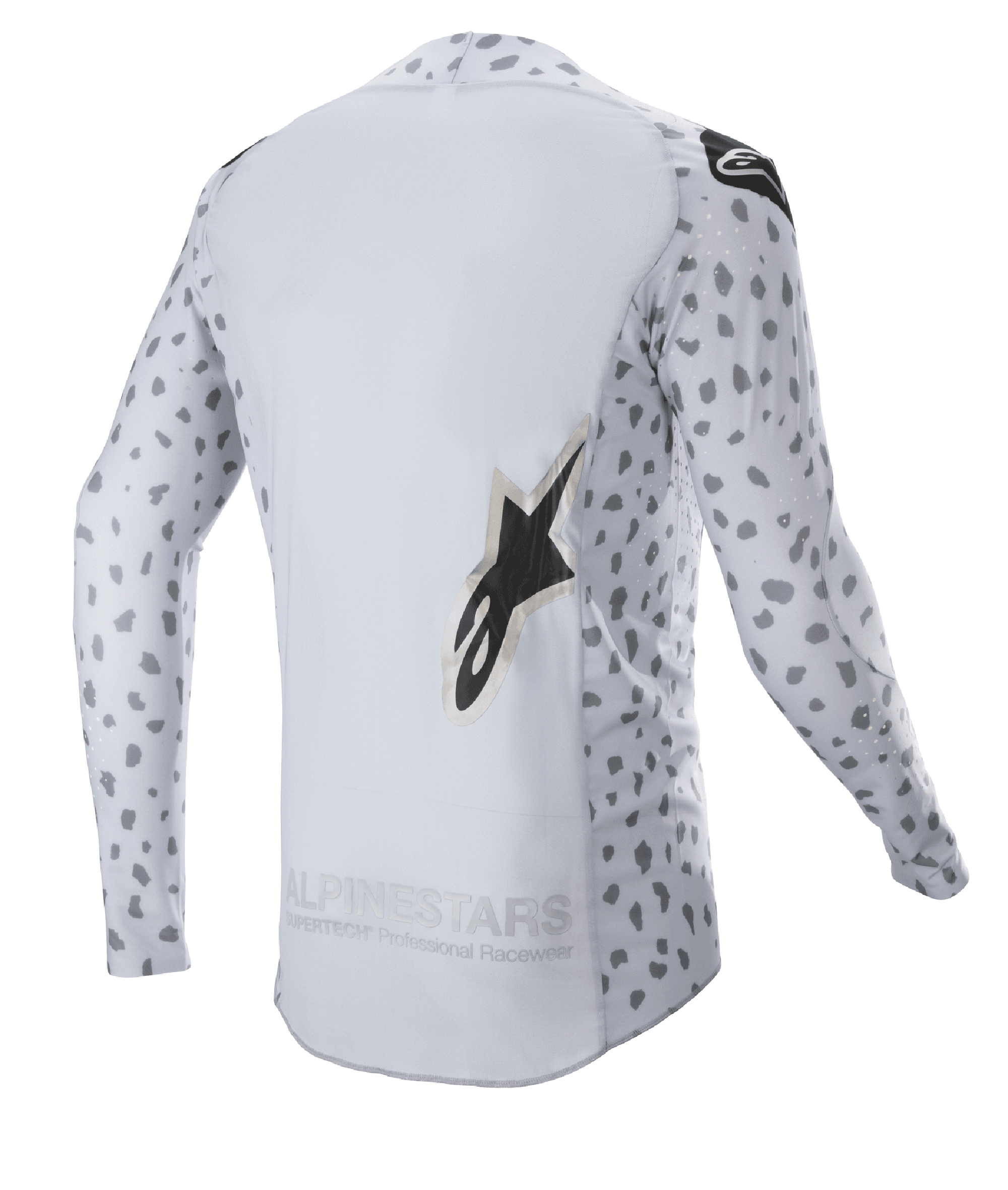 Alpinestars 2023 Supertech North Jersey, koszulka motocrossowa, kolor Haze Gray i czarny, widok z tyłu z abstrakcyjnym nakrapianym wzorem na rękawach i bokach, duże logo z gwiazdą, przedłużony tylny panel i oddychająca konstrukcja techniczna