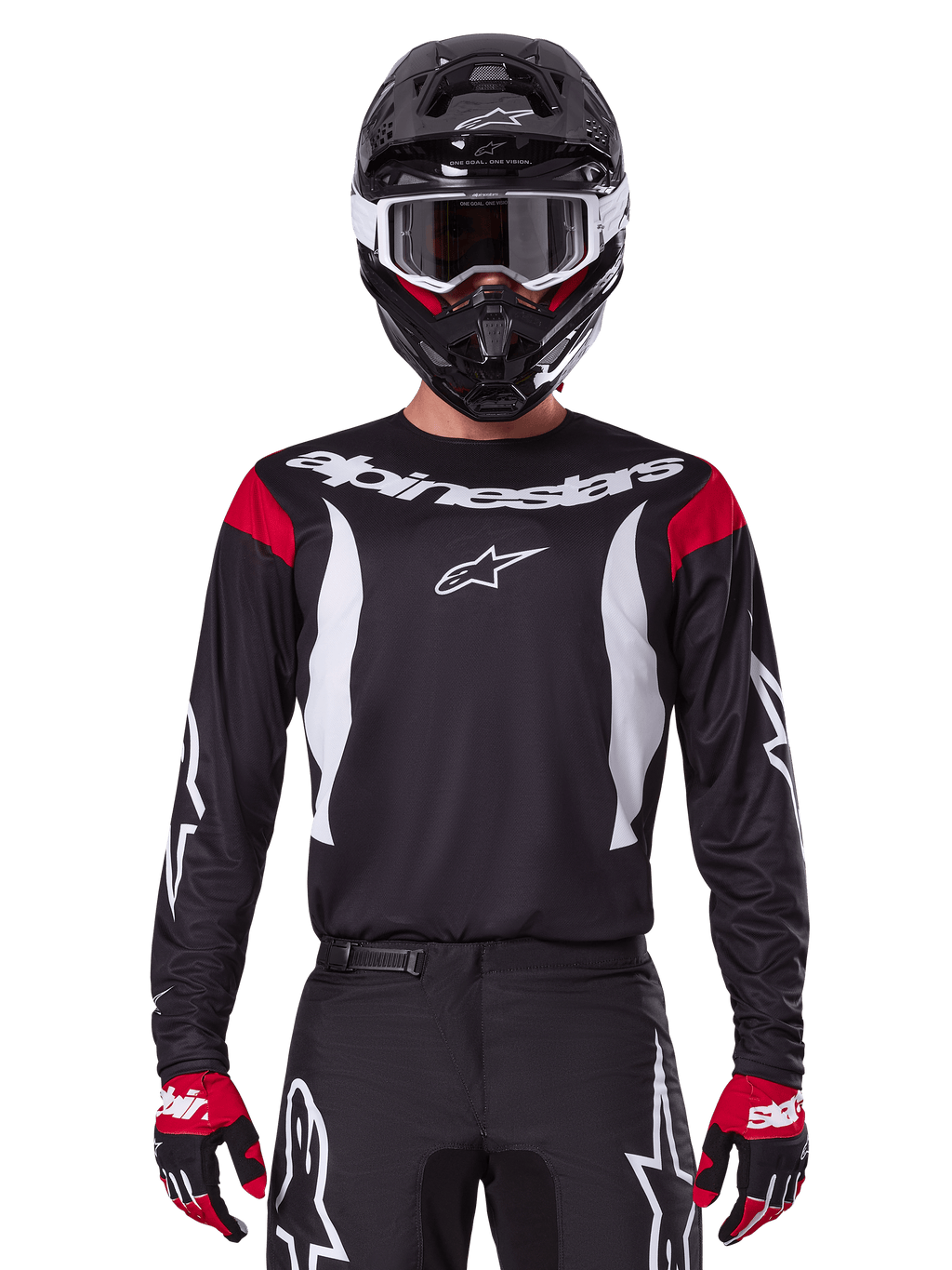 Alpinestars koszulka i zestaw Fluid Haul 2025, męski strój motocrossowy, czarno-biały z czerwonymi akcentami.