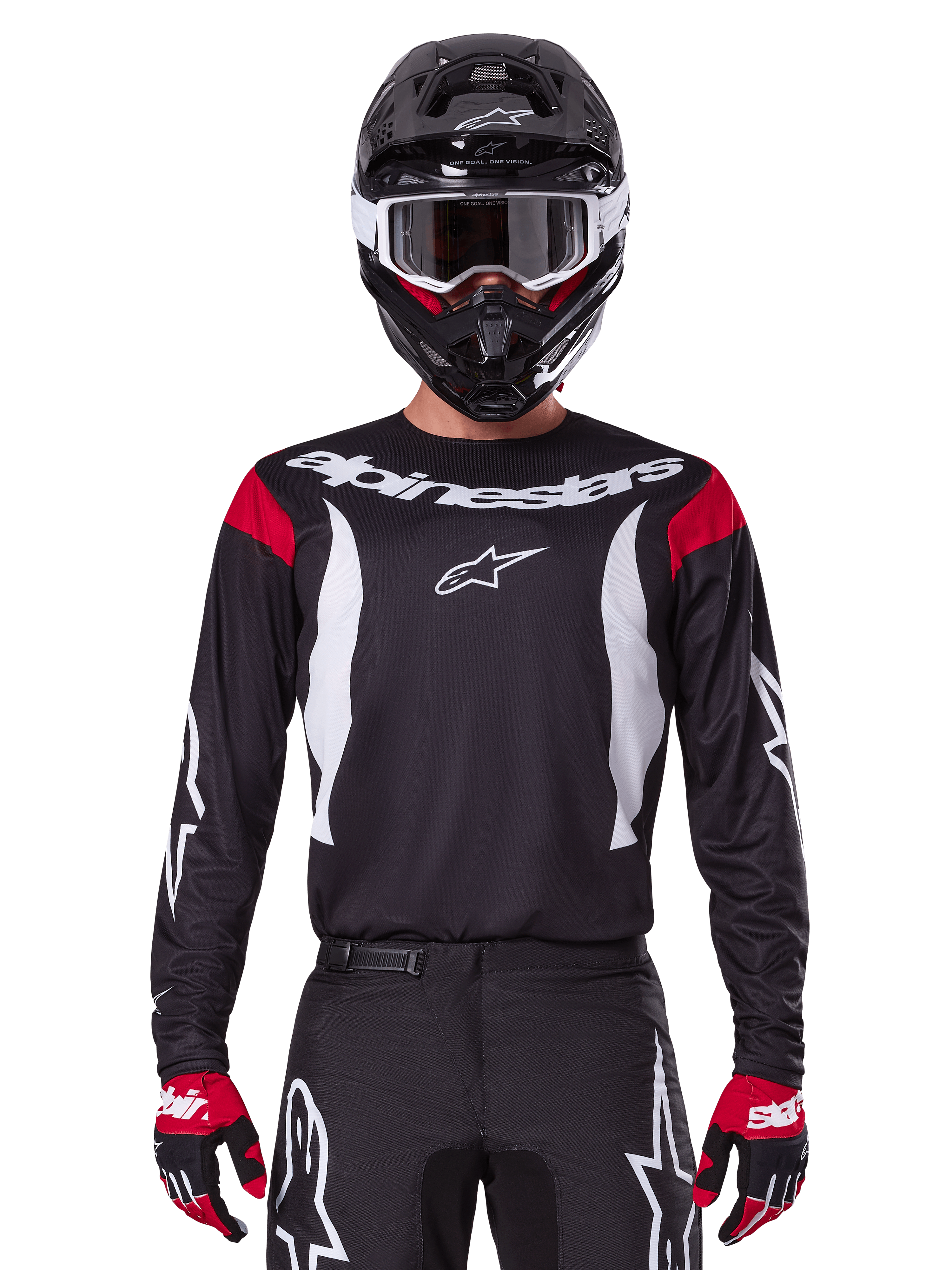 Alpinestars koszulka i zestaw Fluid Haul 2025, męski strój motocrossowy, czarno-biały z czerwonymi akcentami.