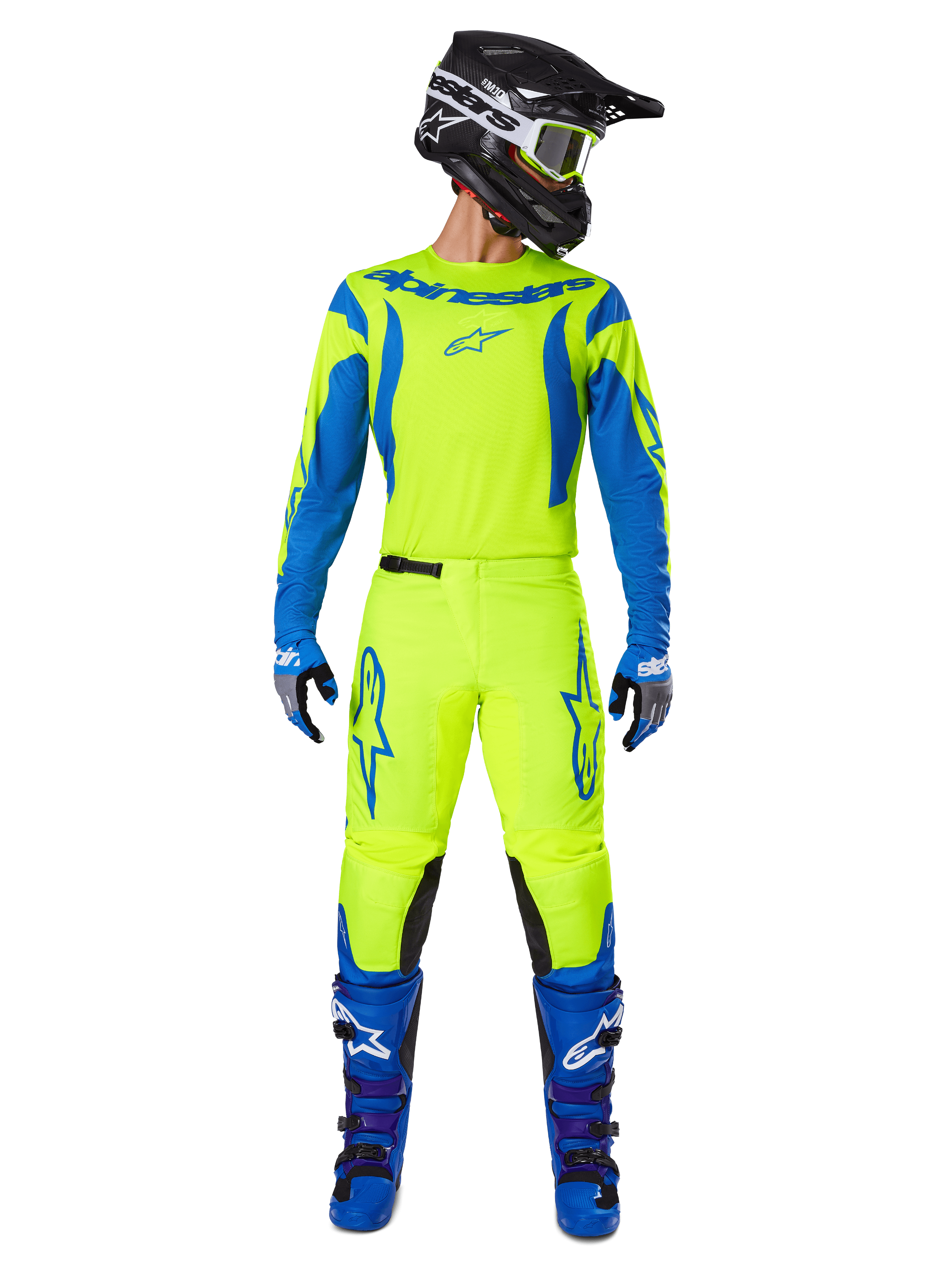 Alpinestars 2025 Fluid Haul Gear Set, koszulka i spodnie motocrossowe, żółty fluorescencyjny i niebieski, zestaw z dopasowanymi niebieskimi butami i czarnym kaskiem, wyraziste logo Astars, sportowy ergonomiczny krój do wyścigów off-road