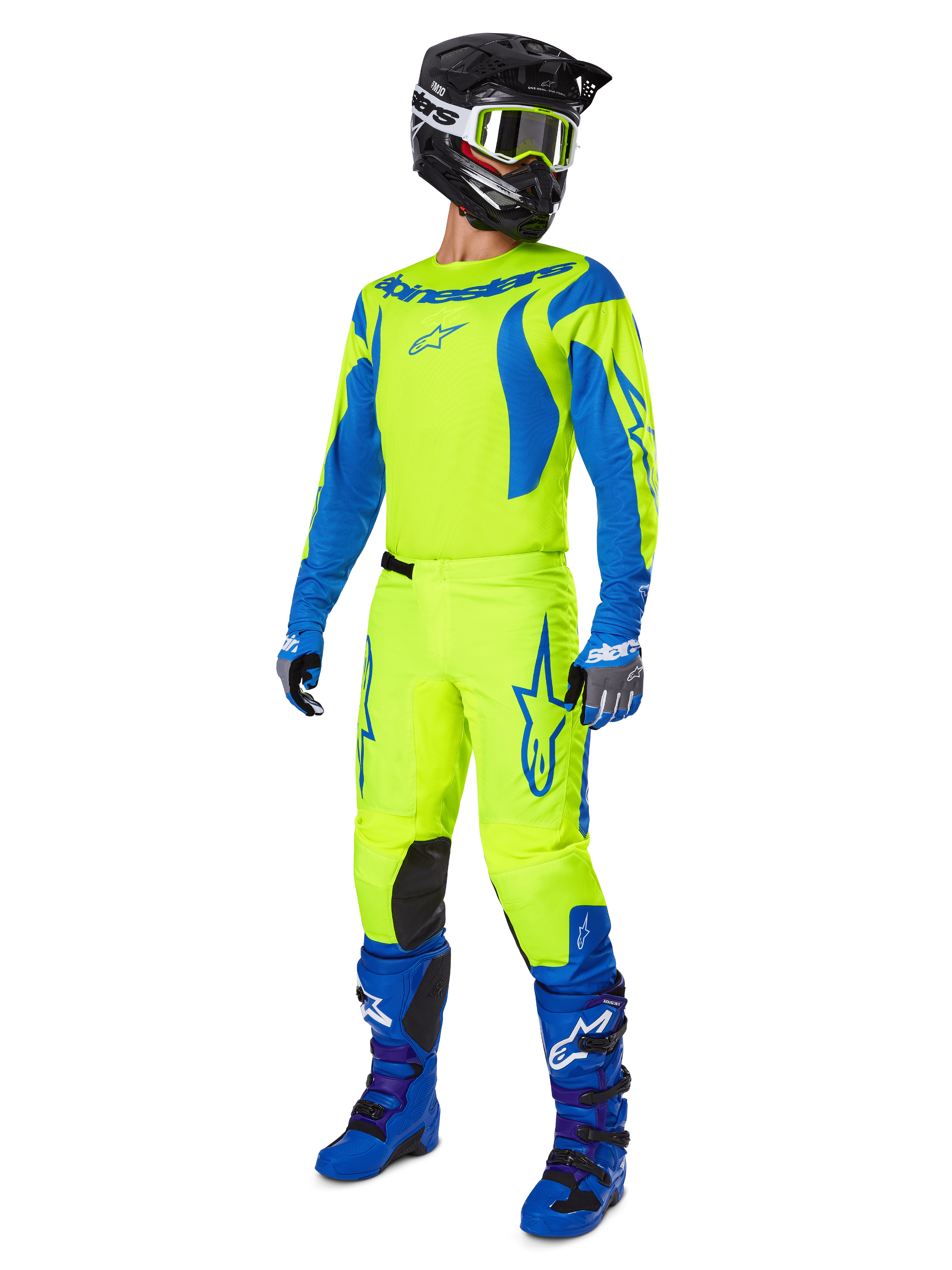 Alpinestars 2025 Fluid Haul Gear Set, kompletny strój motocrossowy z koszulką i spodniami w kolorze żółtym fluo i niebieskim, czarny kask, niebieskie rękawice i niebieskie buty off-road, skoordynowany zestaw o wysokiej widoczności do motocrossu i enduro.