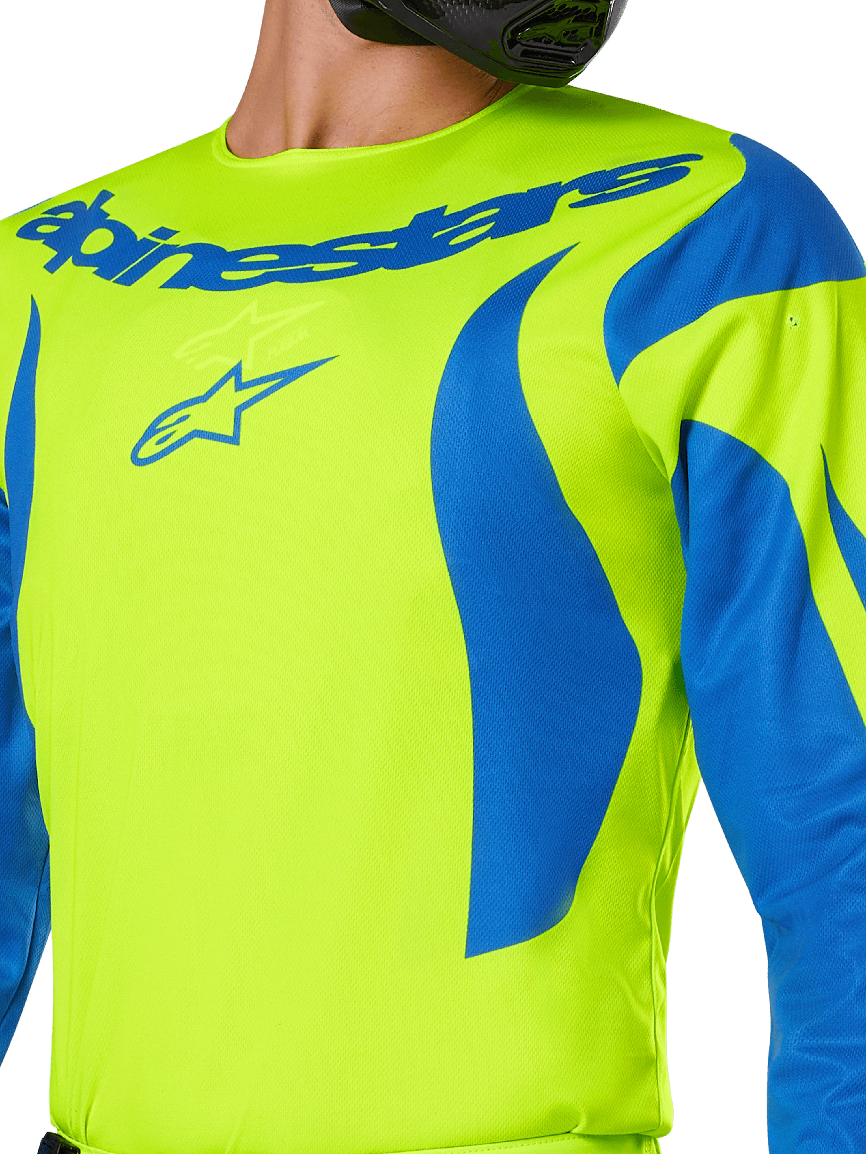 Alpinestars 2025 Fluid Haul Jersey, koszulka motocrossowa, żółty fluo i niebieski, wyraźny niebieski branding Alpinestars na klatce piersiowej, faliste niebieskie wzory na ramionach, sportowy krój do wyścigów off-road