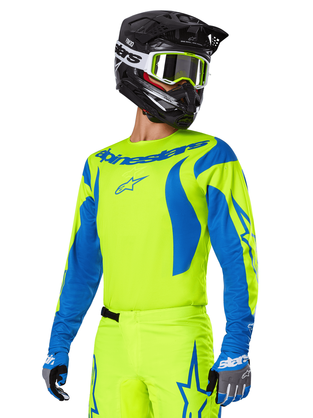 Alpinestars 2025 Fluid Haul Gear Set, koszulka i spodnie motocrossowe, jaskrawożółty i niebieski, czarny kask i gogle w żółtych oprawkach, niebieskie wzory przypominające fale na rękawach i niebieskie logo gwiazdy na spodniach, dopasowany strój do wyścigów terenowych