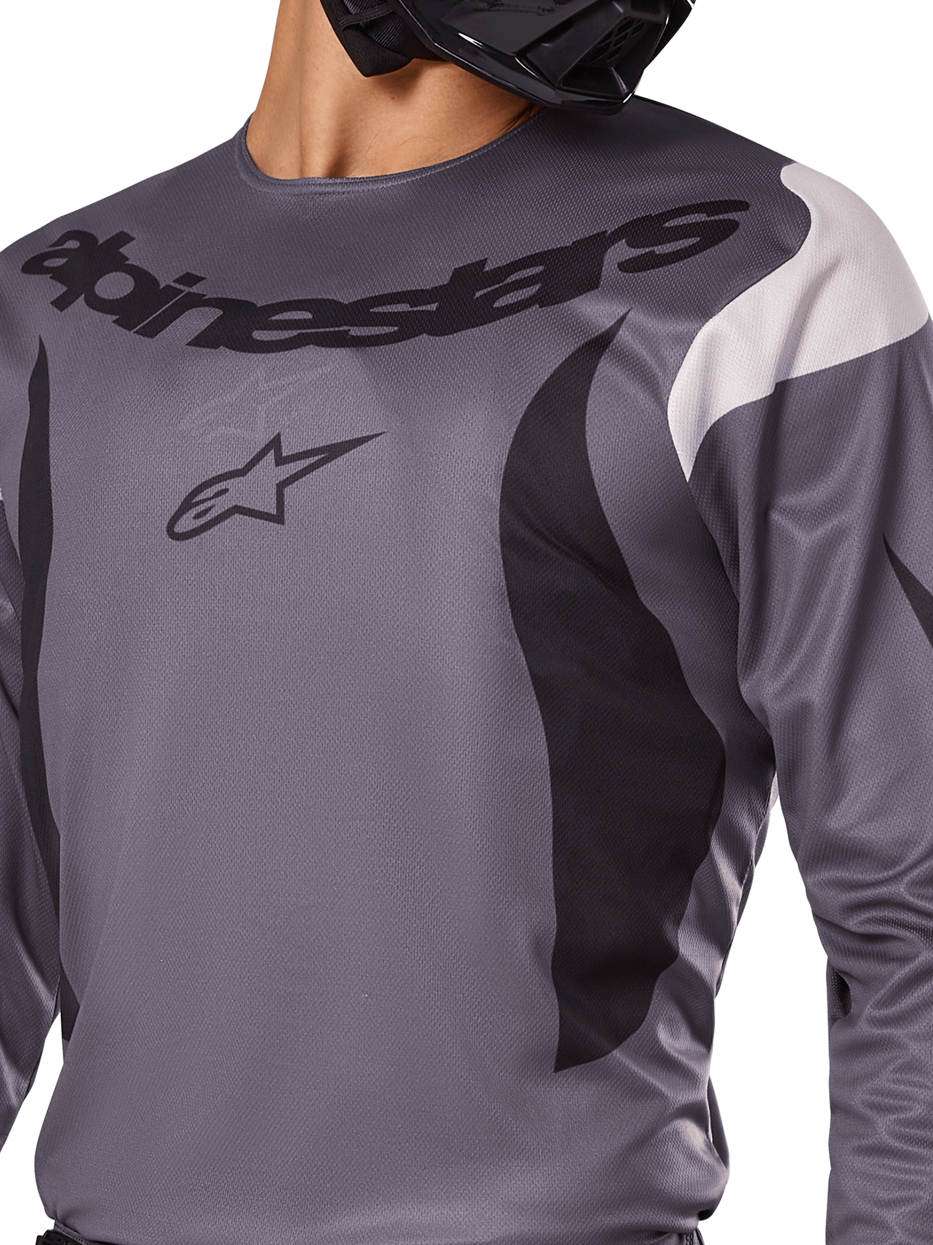 Alpinestars 2025 Fluid Haul Jersey, koszulka motocrossowa, szara z czarnymi i białymi akcentami, z logo i logotypem Alpinestars na piersi, sportowy krój do jazdy terenowej