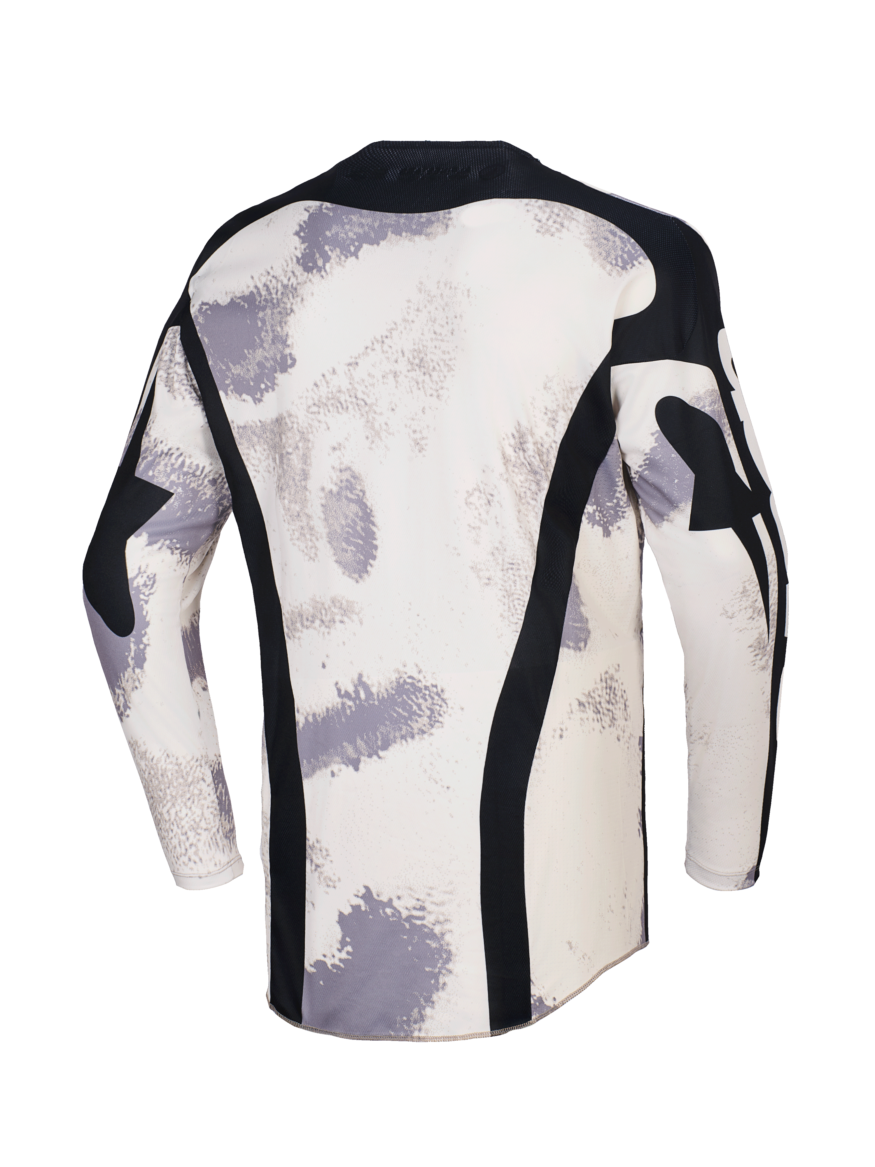 Alpinestars 2026 Racer Lahnd Jersey, koszulka motocrossowa, kolor Sand Camo z białawymi i szarymi wzorami pociągnięć pędzla, widok z tyłu z pionowymi czarnymi panelami z siatki, czarny kołnierzyk i przedłużony tył dla lepszej osłony.