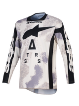 Alpinestars 2026 Racer Lahnd Jersey, koszulka motocrossowa, piaskowe camo szaro-białe, z dużym czarnym logo A-star i stylizowanym napisem na klatce piersiowej, czarny okrągły dekolt i panele boczne, długie rękawy z białym brandingiem, profesjonalna odzież wyścigowa off-road