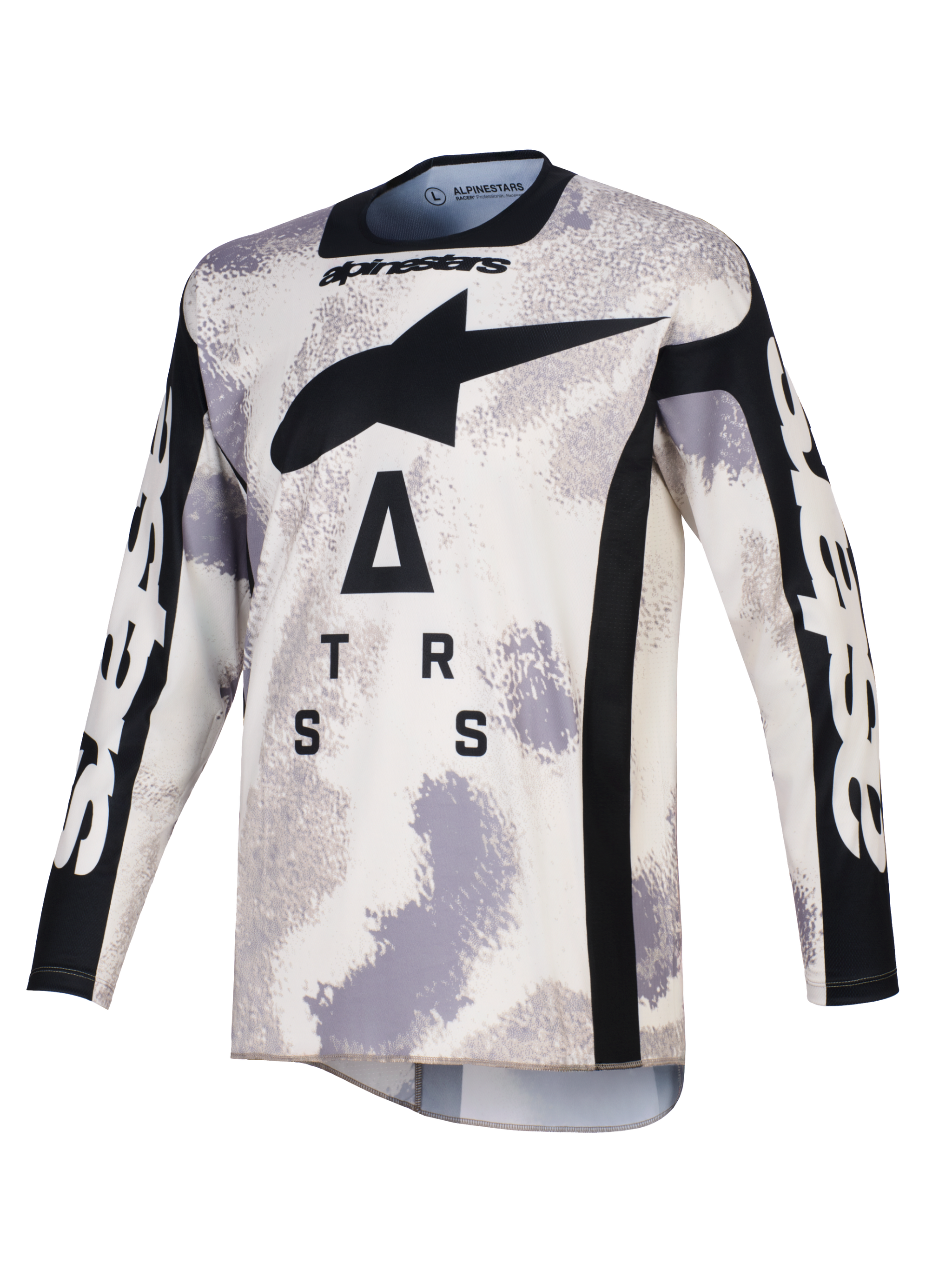 Alpinestars 2026 Racer Lahnd Jersey, koszulka motocrossowa, piaskowe camo szaro-białe, z dużym czarnym logo A-star i stylizowanym napisem na klatce piersiowej, czarny okrągły dekolt i panele boczne, długie rękawy z białym brandingiem, profesjonalna odzież wyścigowa off-road