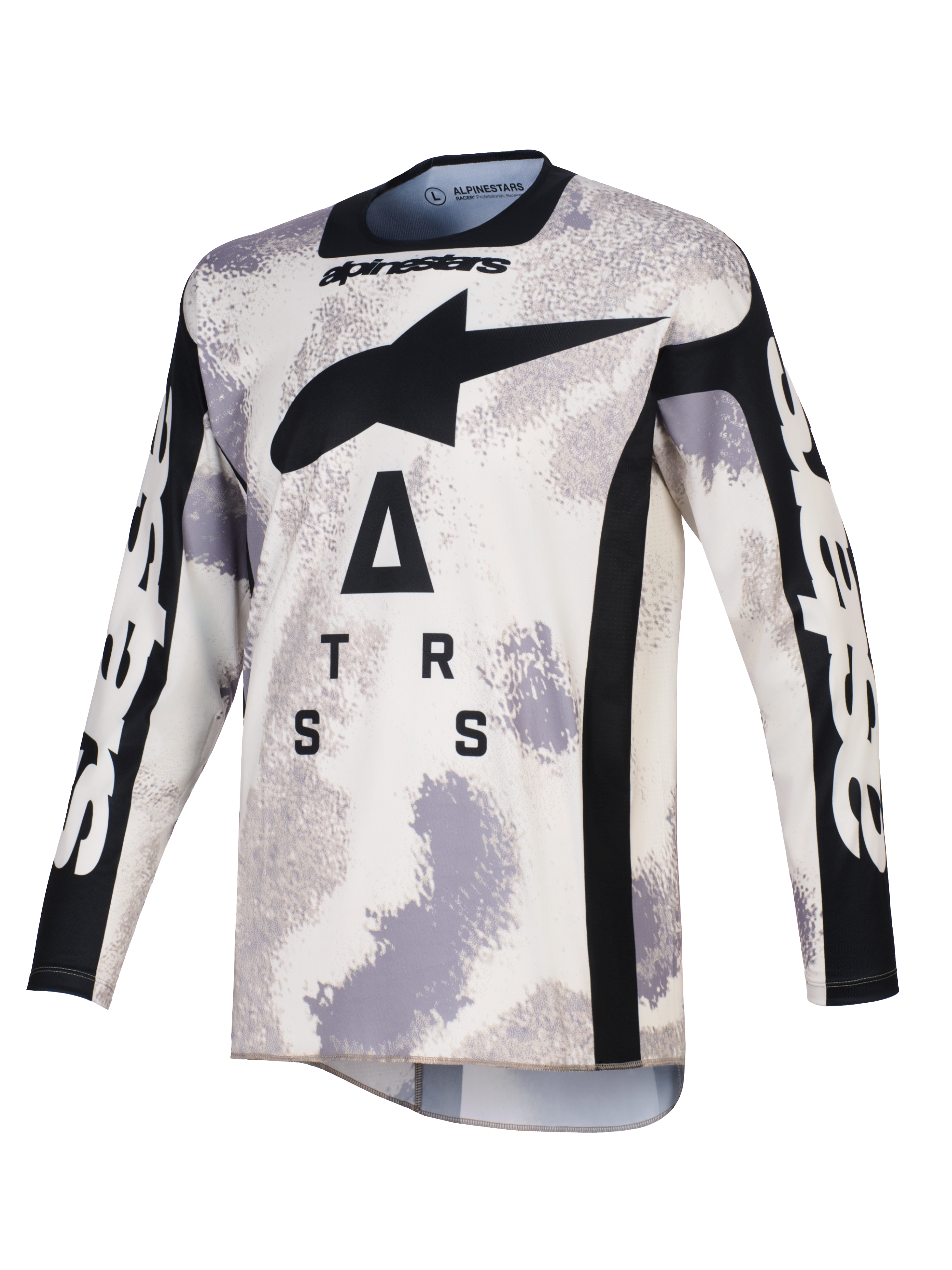 Alpinestars 2026 Racer Lahnd Jersey, koszulka motocrossowa, piaskowe camo szaro-białe, z dużym czarnym logo A-star i stylizowanym napisem na klatce piersiowej, czarny okrągły dekolt i panele boczne, długie rękawy z białym brandingiem, profesjonalna odzież wyścigowa off-road