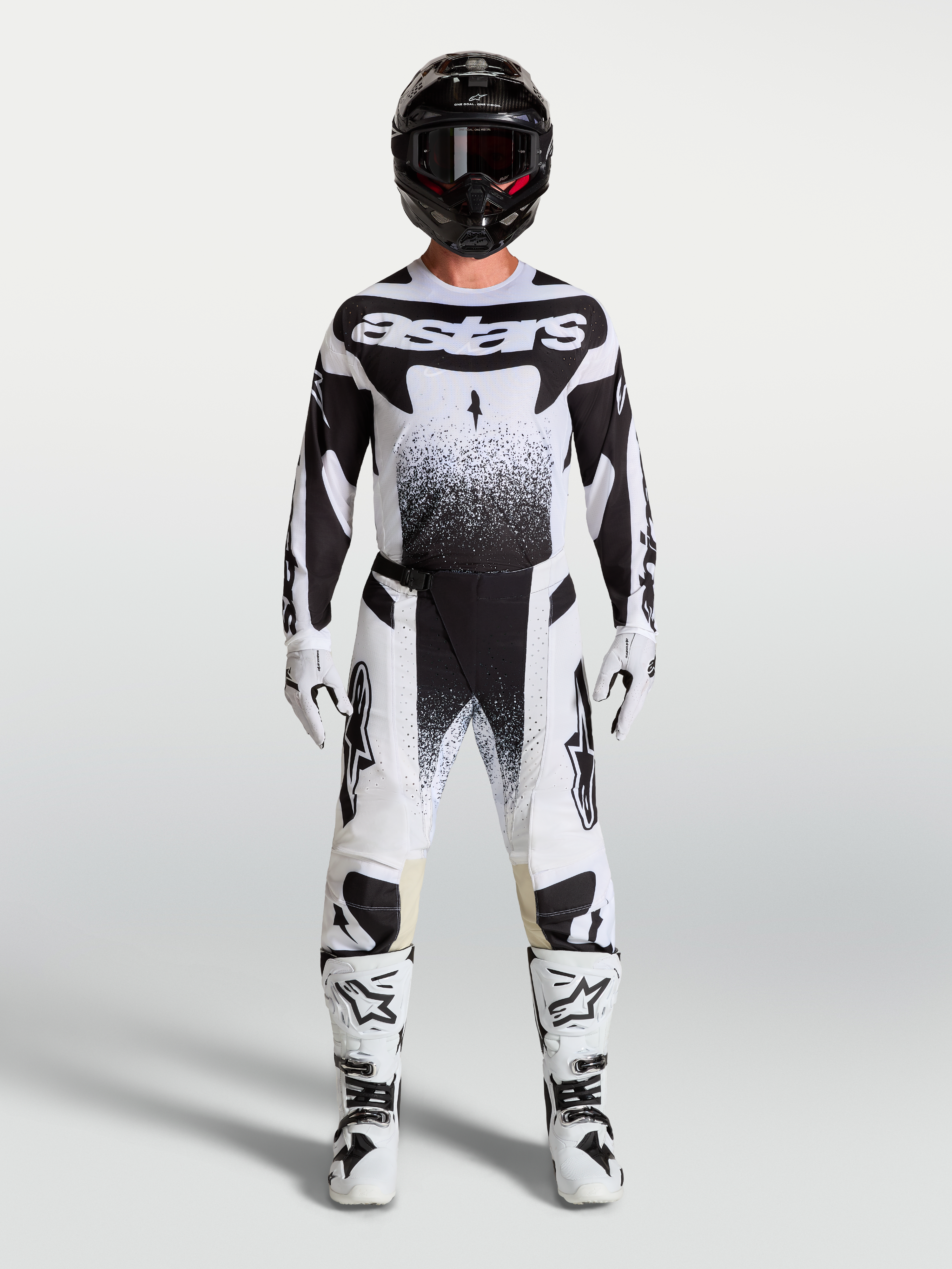 Alpinestars koszulka Techstar Swan i Techstar Swan Gear Set, męski zestaw motocrossowy, czarny i biały, punktowa grafika