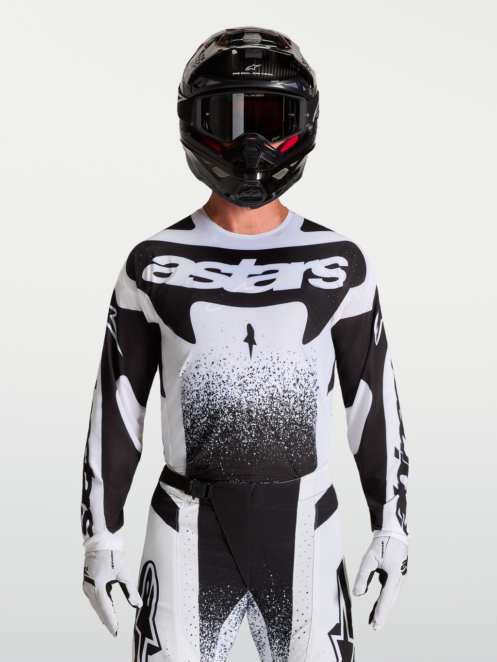 Koszulka Alpinestars Techstar Swan, męska koszulka motocrossowa, biała i czarna, sportowy krój z lekkiego elastycznego materiału, perforacje laserowe zapewniające wentylację