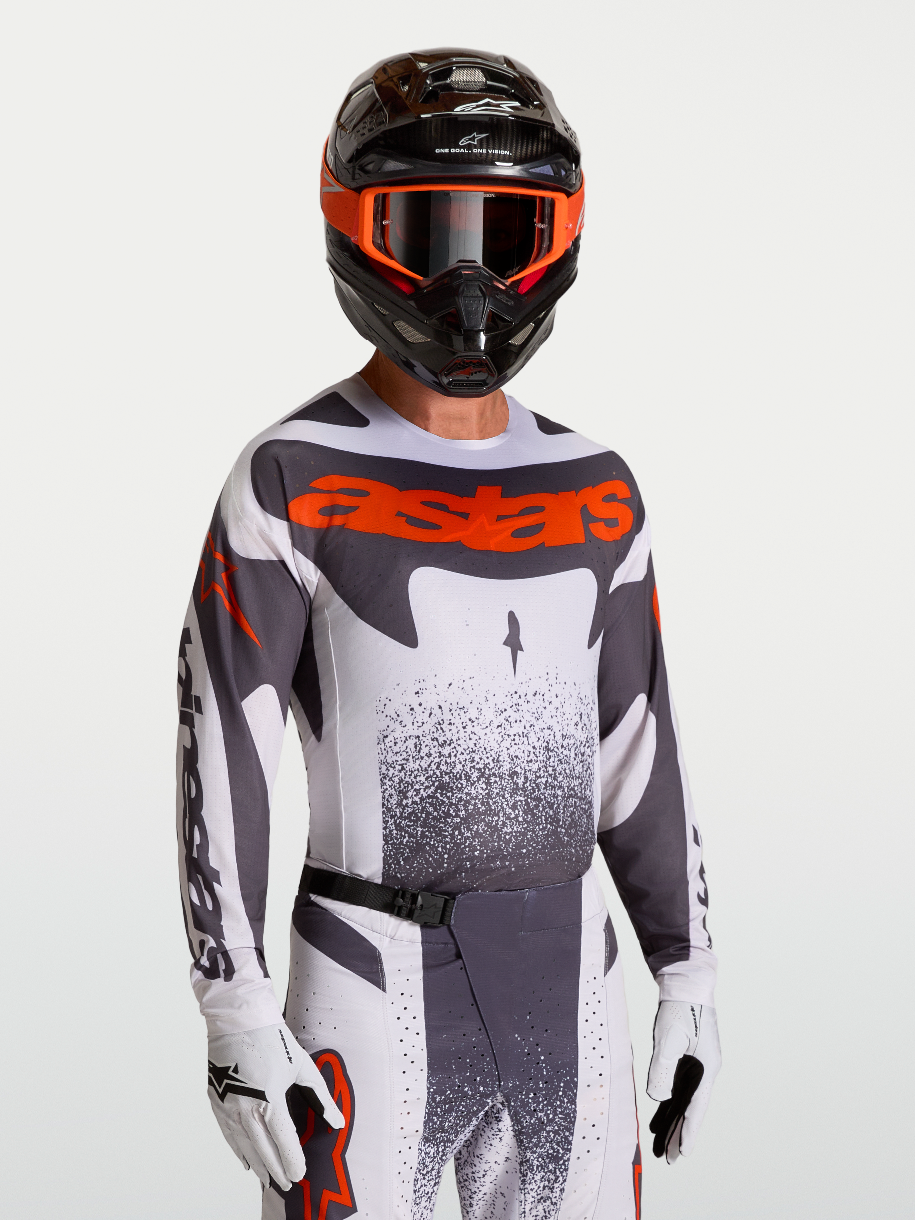 Alpinestars Techstar Swan Jersey, Motocross Top in Gray and Red Fluo, with race-fit stretch and laser-cut ventilation.