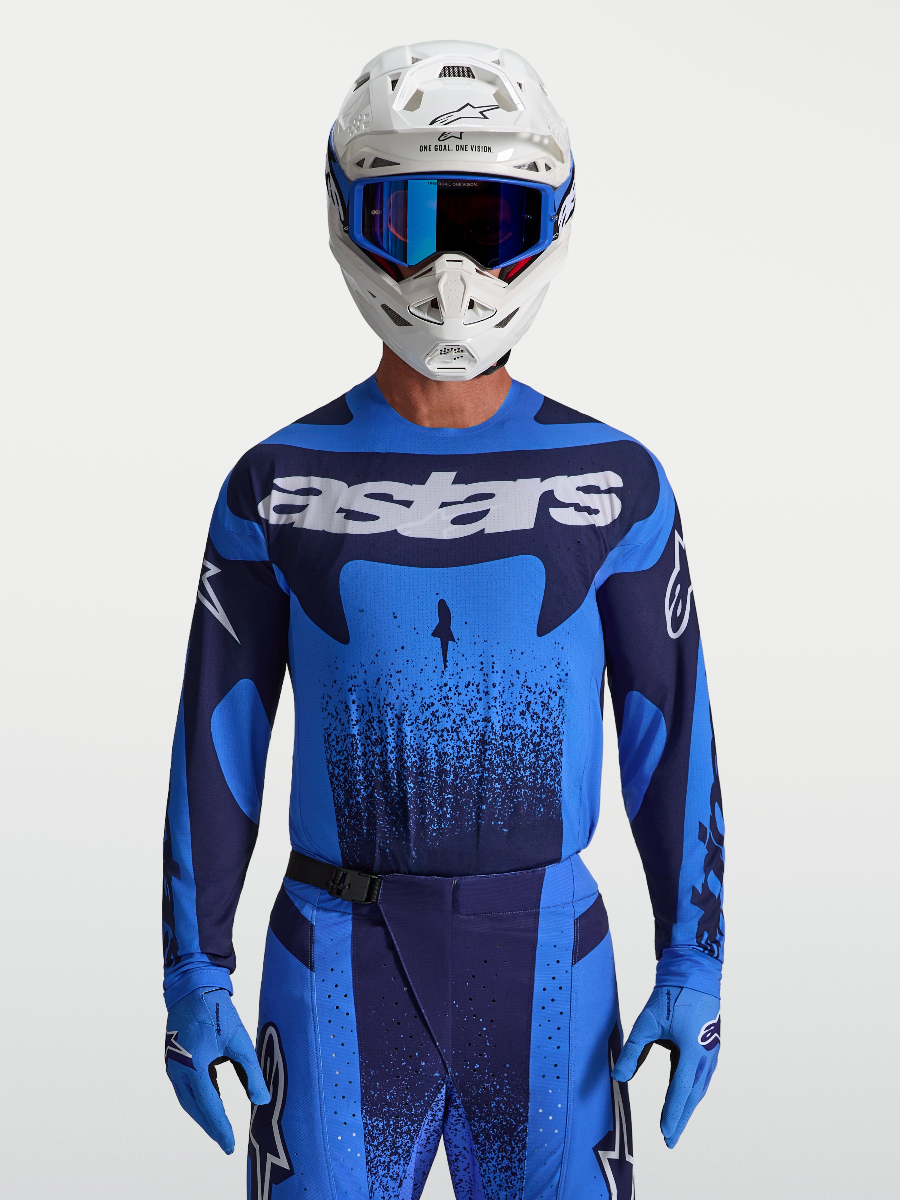 Alpinestars Techstar Swan, koszulka motocrossowa, męska, niebieska i ciemnoniebieska, wyścigowy krój, białe logo Astars.