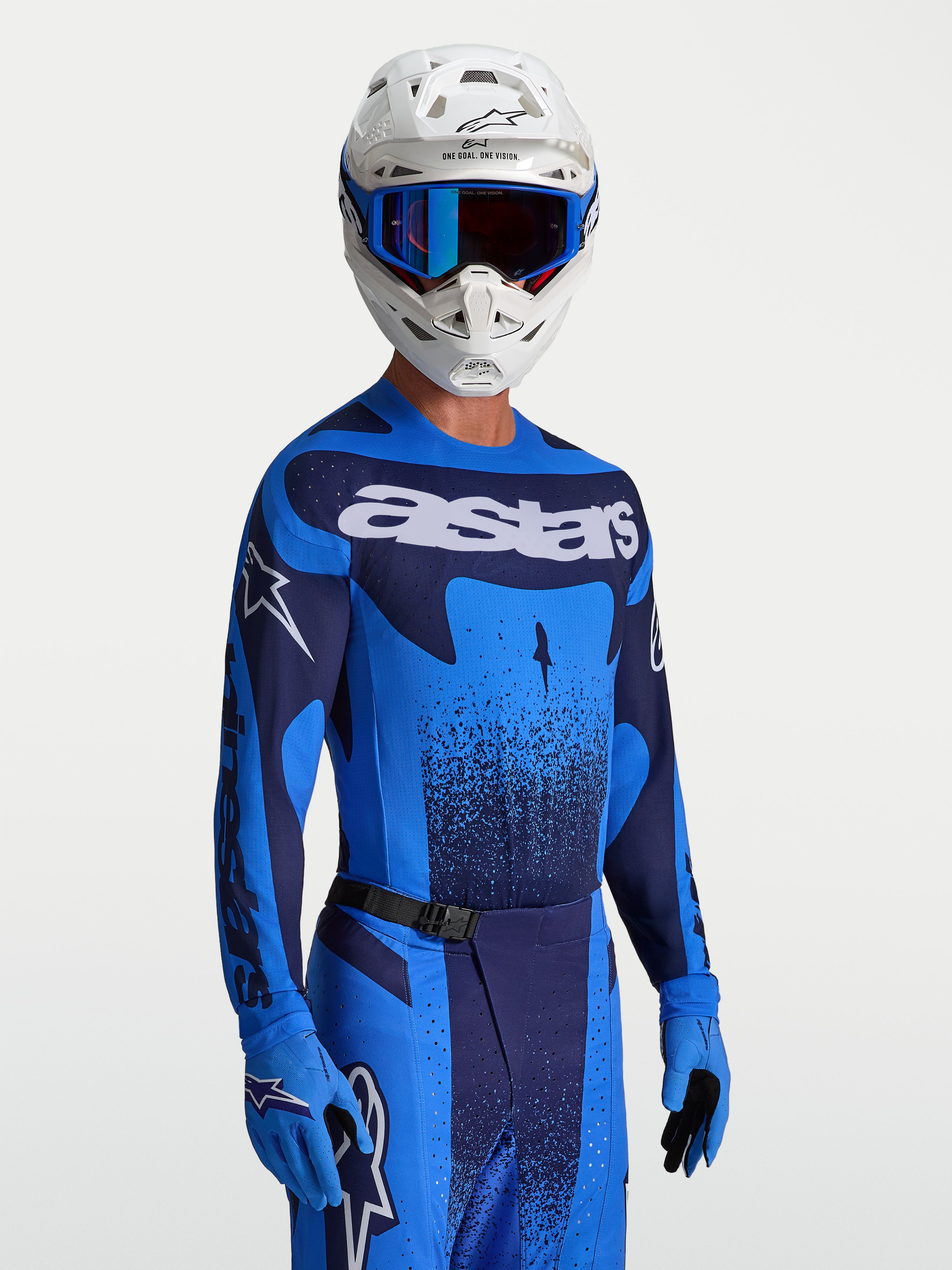 Alpinestars Techstar Swan, męska koszulka motocrossowa, niebieska i ciemnoniebieska, sportowy krój wyścigowy, laserowa wentylacja, lekka elastyczna tkanina