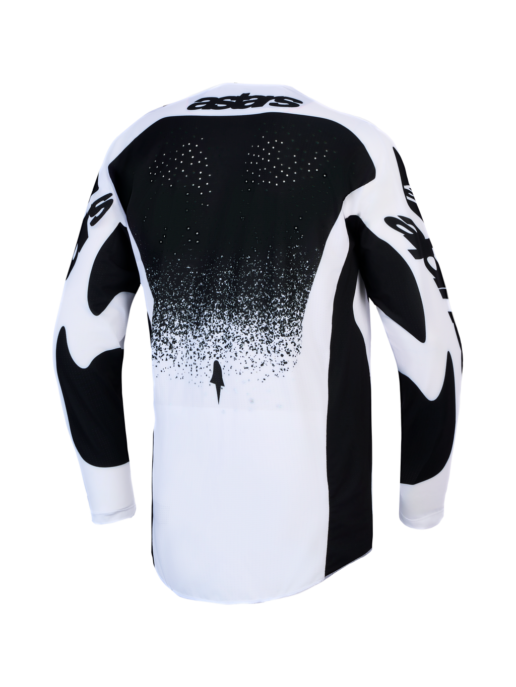 Alpinestars Techstar Swan, czarno-biała męska koszulka motocrossowa z wentylacją na plecach i przedłużonym tyłem.