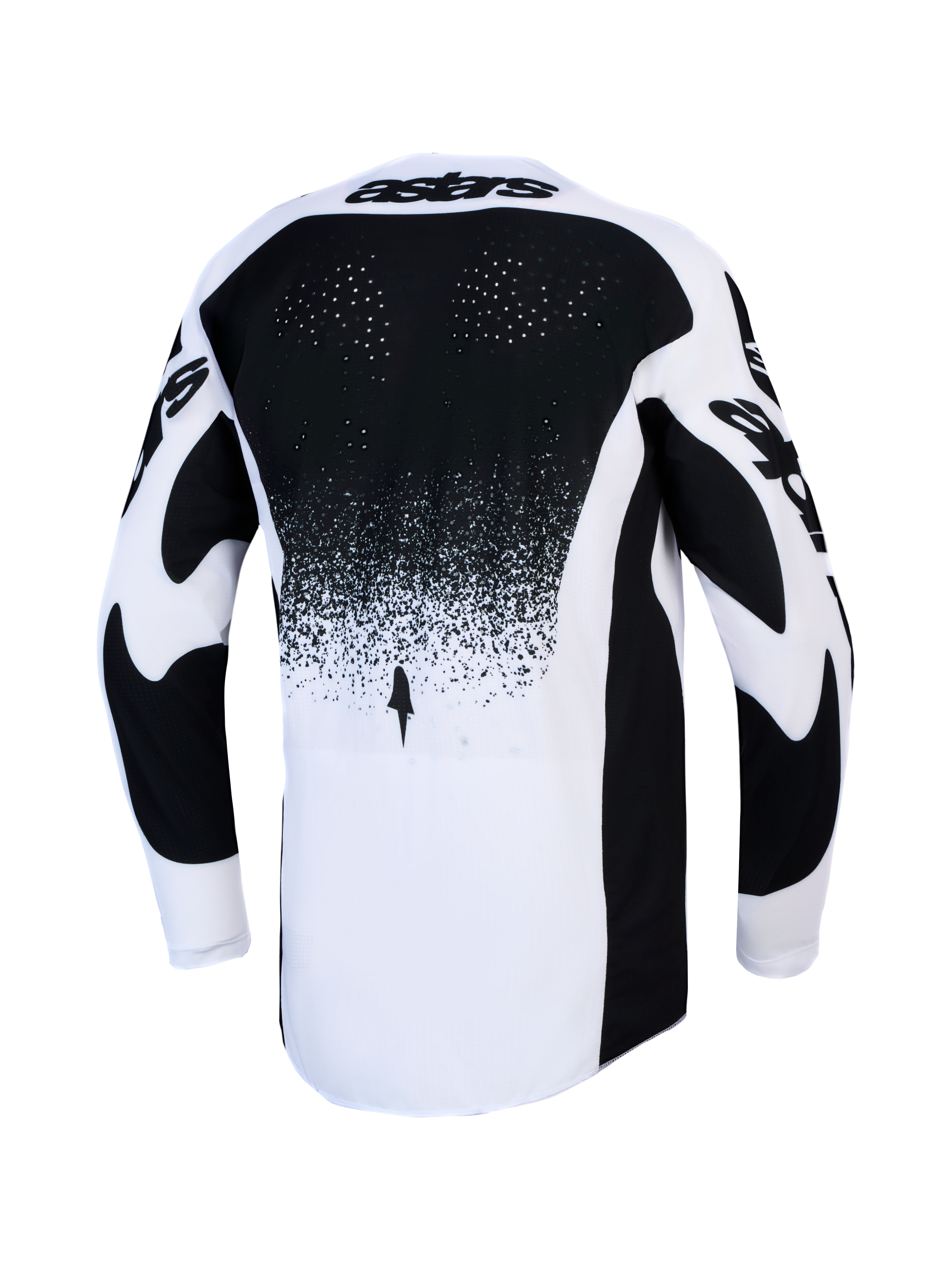 Alpinestars Techstar Swan, czarno-biała męska koszulka motocrossowa z wentylacją na plecach i przedłużonym tyłem.
